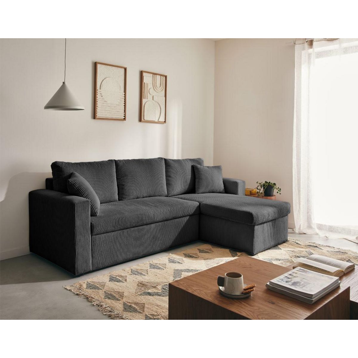 BEST MOBILIER Cyrus - canapé d'angle réversible 4 places - convertible avec coffre - en velours côtelé