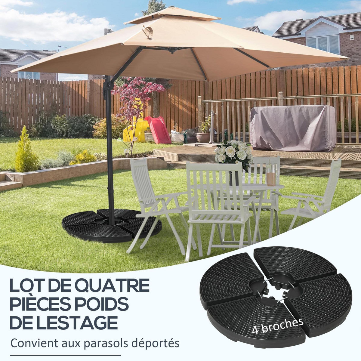 OUTSUNNY Pied de parasol lot de 4 dalles pour parasol à lester dim. tot. 100L x 100l x 8H cm HDPE aspect rotin noir