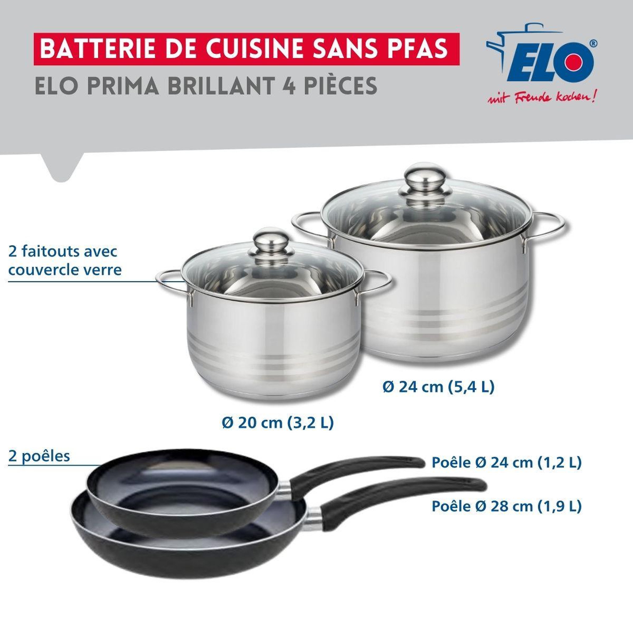 Voir la diapositive 2 : ELO Ensemble de 2 poêles de cuisson 24 et 28 cm et 2 faitouts 20 et 24 cm elo prima brillant