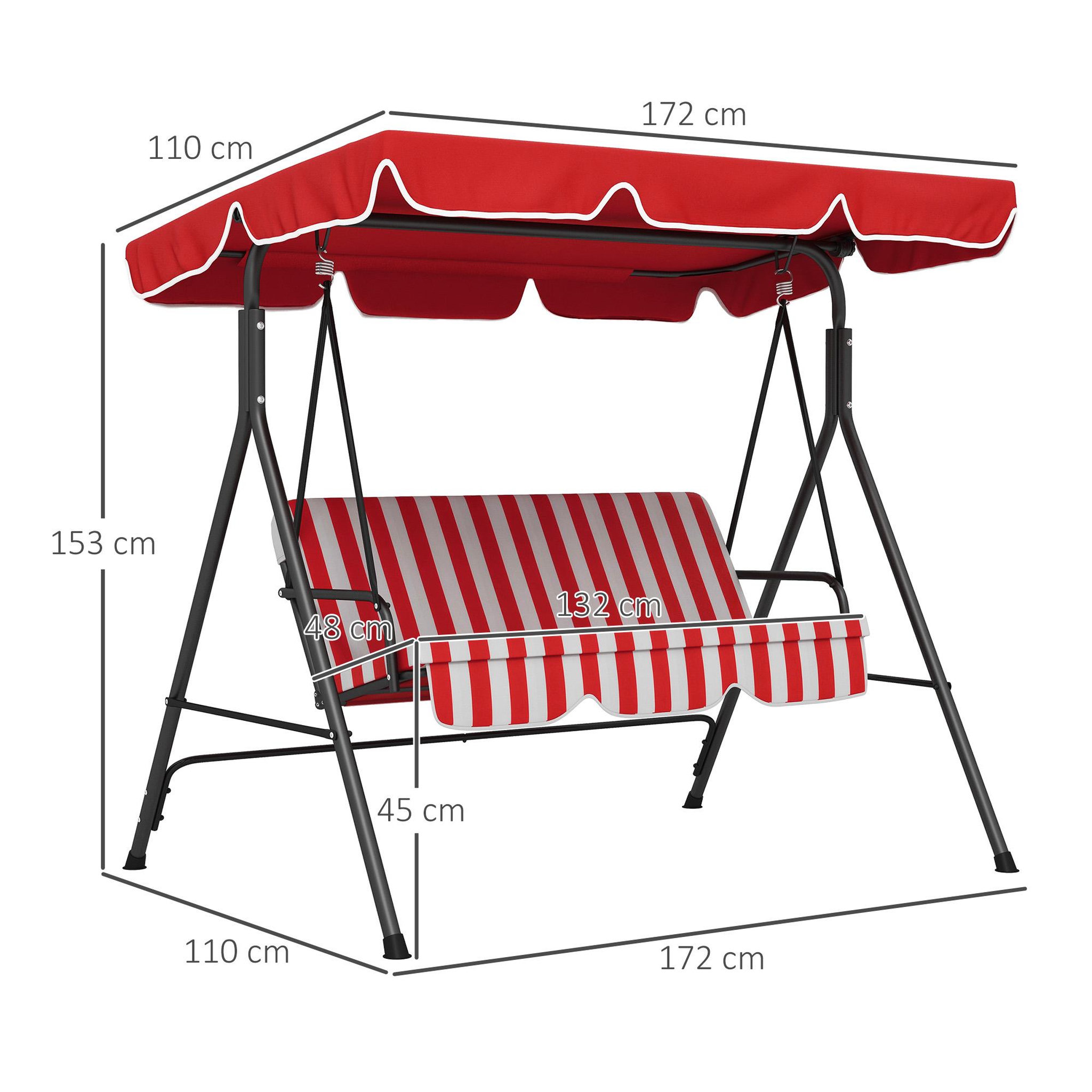 Voir la diapositive 3 : OUTSUNNY Balancelle de jardin 3 places toit inclinaison réglable coussins assise et dossier 1,72L x 1,1l x 1,52H m acier noir polyester rouge et blanc