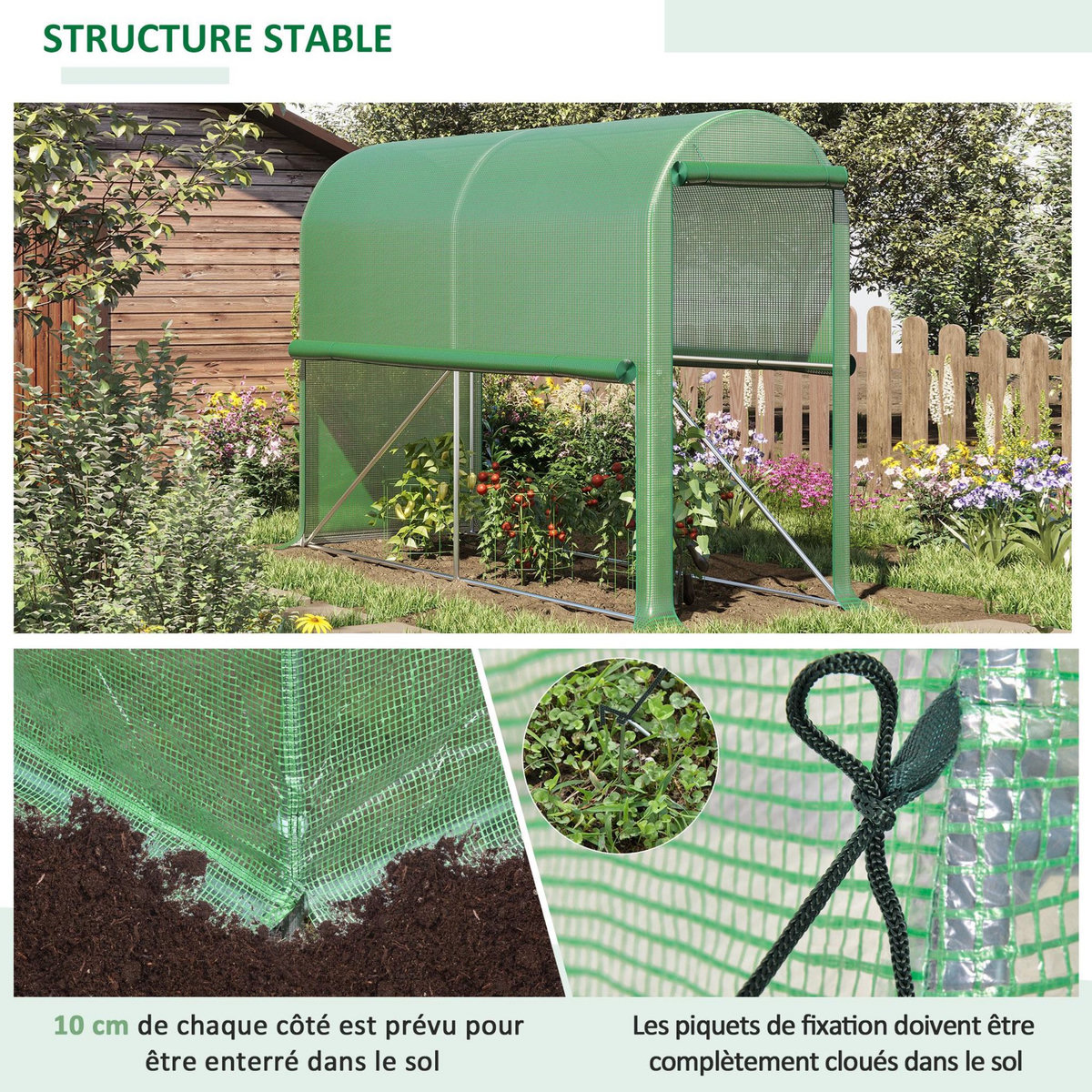 OUTSUNNY Serre de jardin serre à tomates dim. 3L x 1l x 2H m porte zippée déroulante 2 fenêtres latérales enroulables acier PE haute densité vert