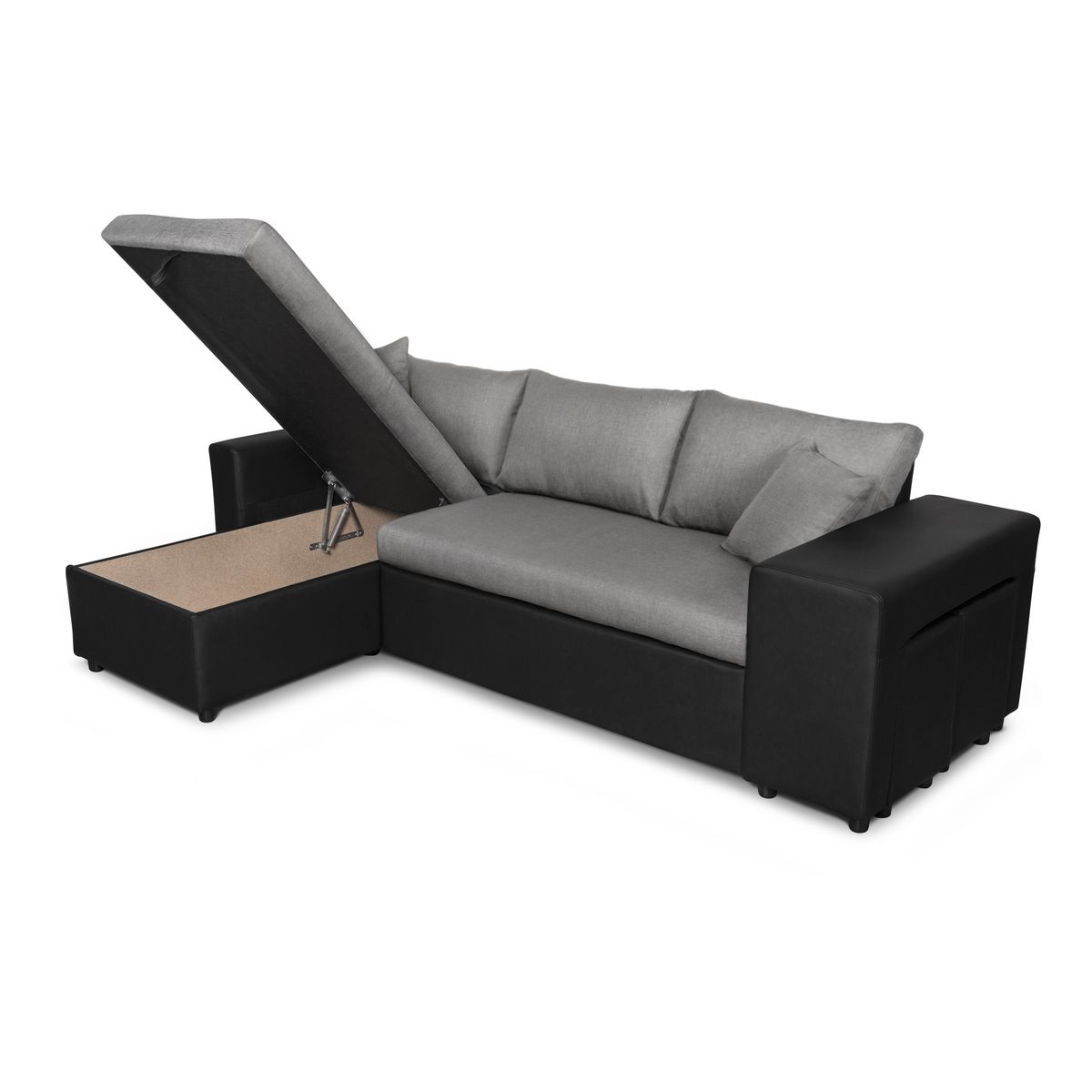 Canapé d'angle réversible convertible avec coffre + 2 poufs avec niche fixe à droite ANETTA