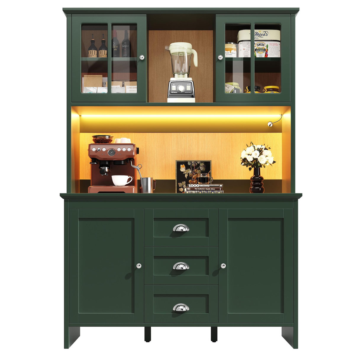 MERAX Buffet de cuisine 4 portes 3 tiroirs - 120 cm vert led mdf