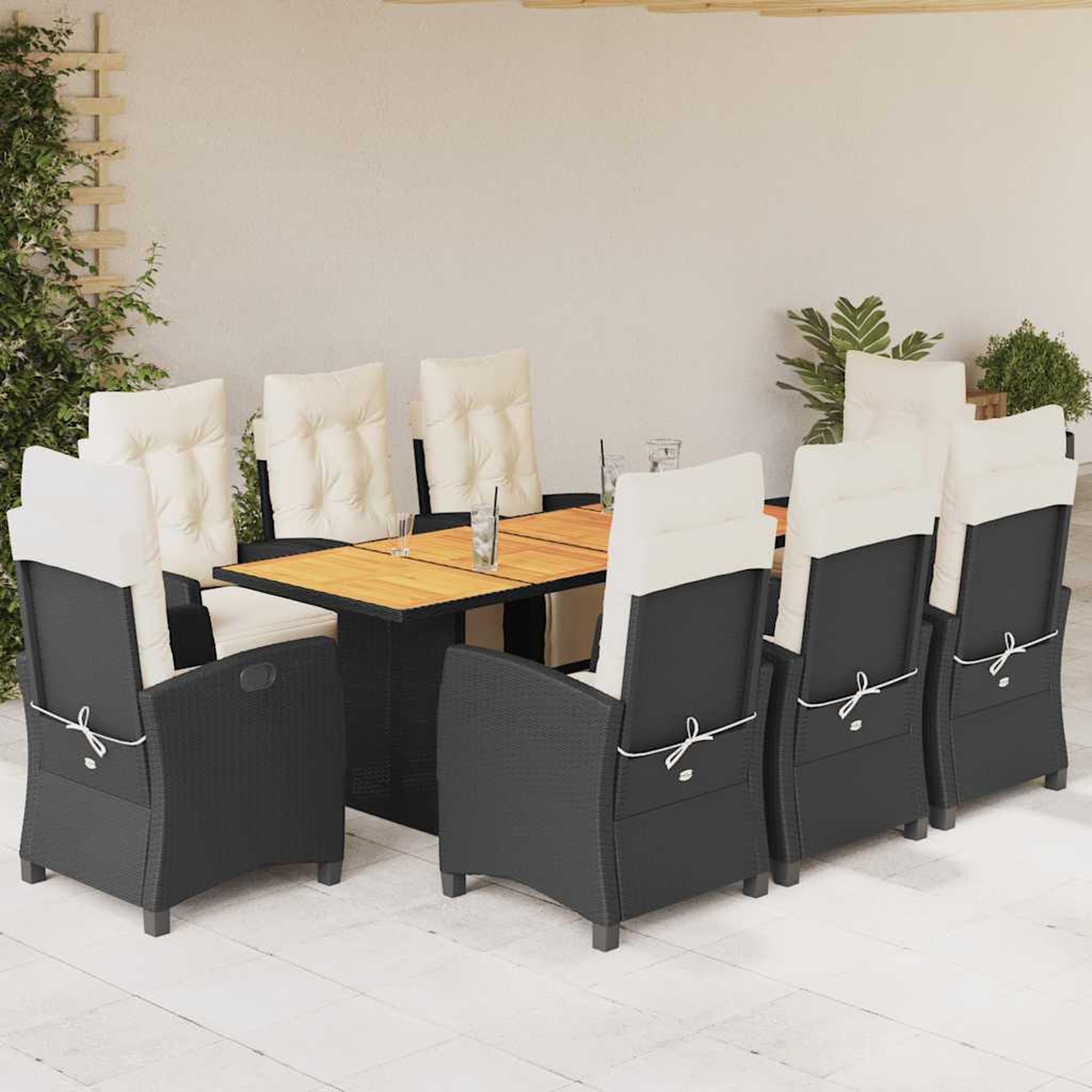 VIDAXL Ensemble a manger de jardin 9pcs coussins noir resine tressee
