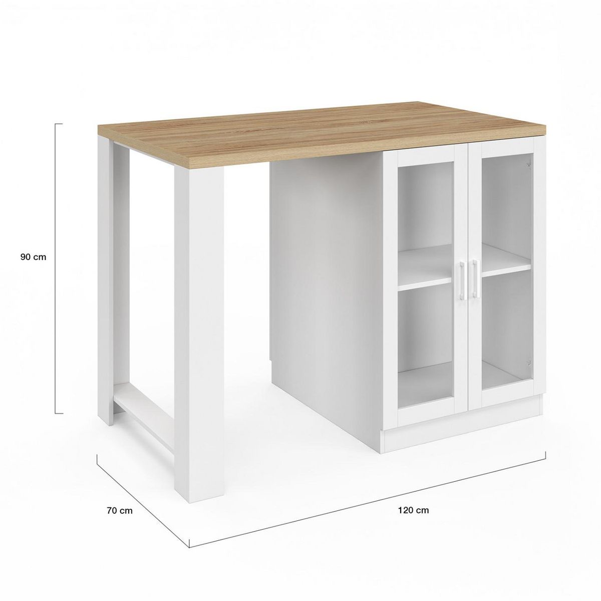 ID MARKET Ilot central LINO 120 cm 2 personnes bois blanc et plan de travail façon hêtre et portes vitrées
