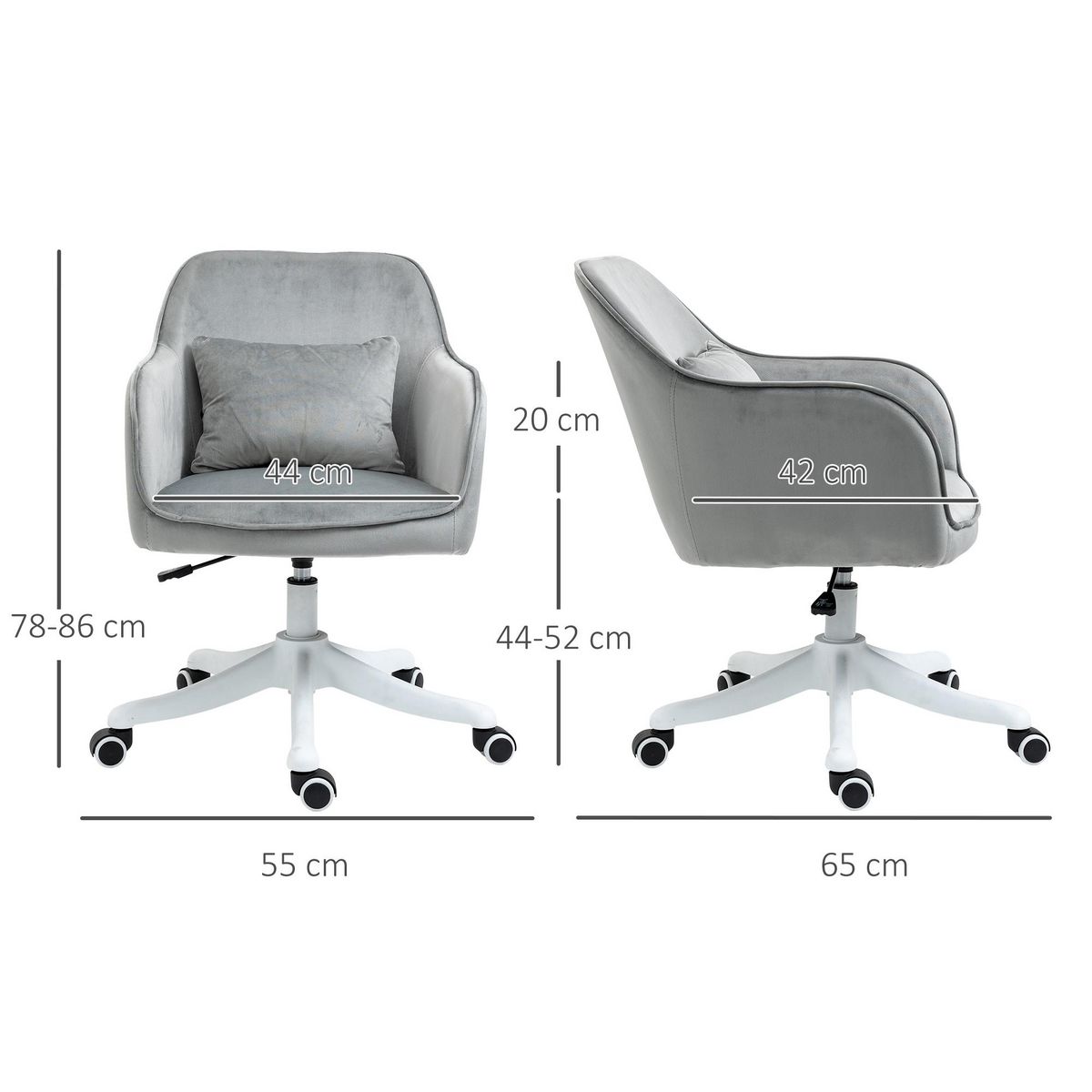 HOMCOM Chaise de bureau velours fauteuil bureau massant coussin lombaire intégré hauteur réglable pivotante 360° gris clair