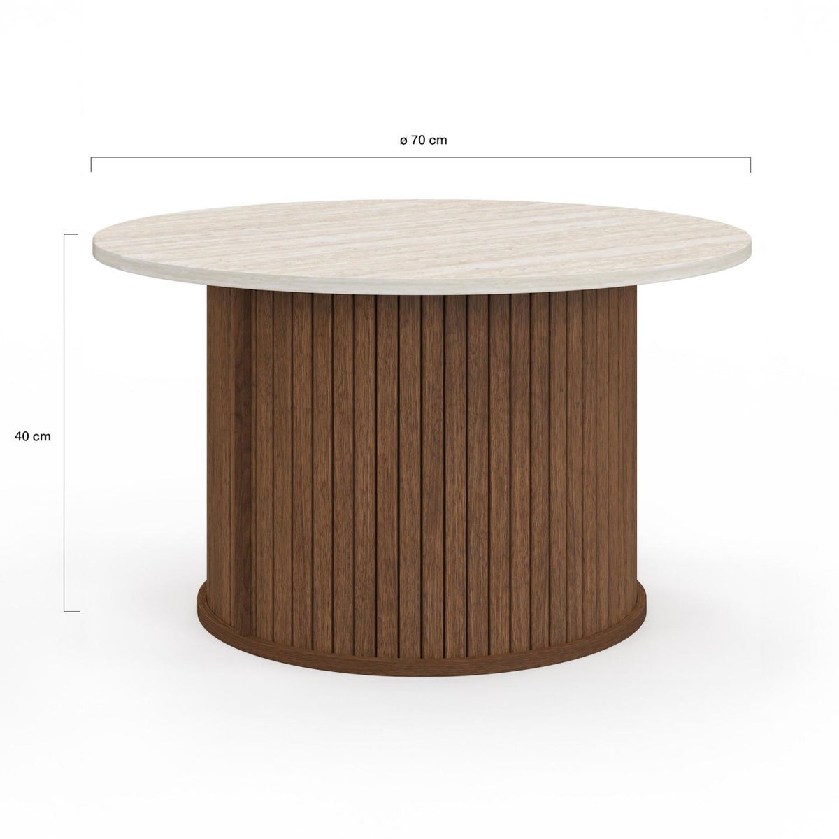 ID MARKET Table basse ronde JULIETTE 70 cm lattes effet noyer et plateau travertin