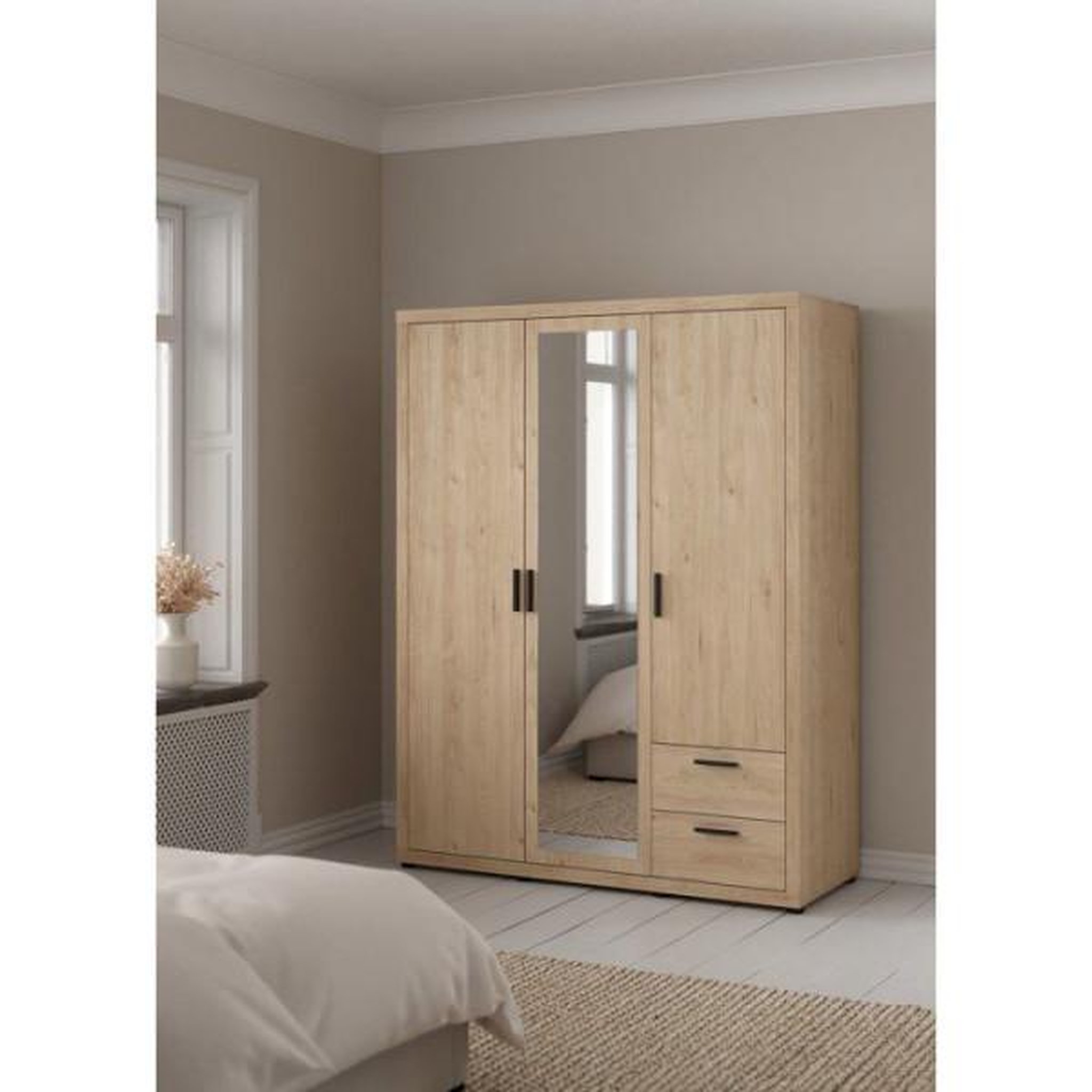 MARKET24 Armoire de chambre - mira - chene - 3 portes dont 1 avec miroir - 2 tiroirs - 153,6 x 59,8 x 200,9 cm