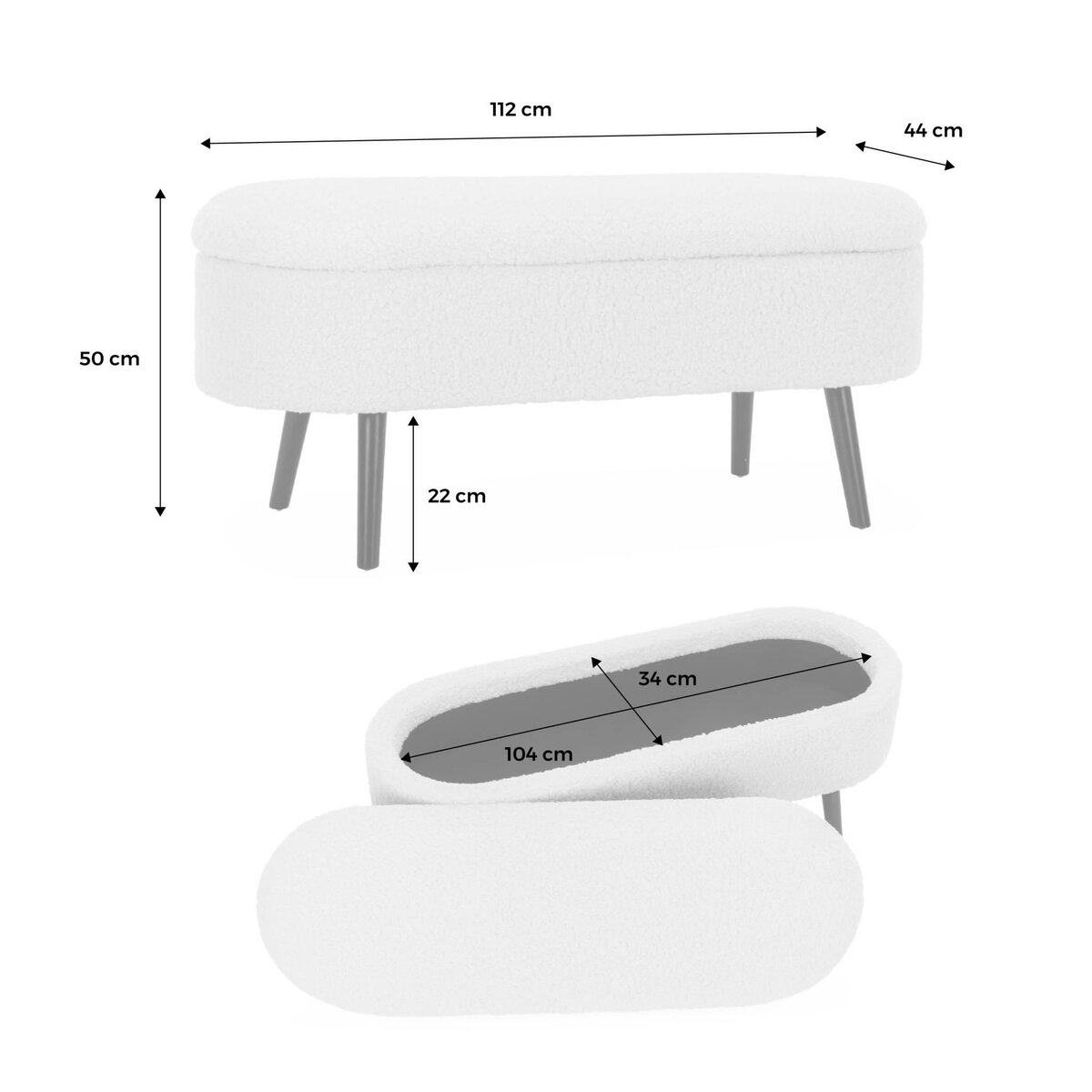 SWEEEK Banc coffre, bout de lit avec revêtement bouclette, pieds en bois noir