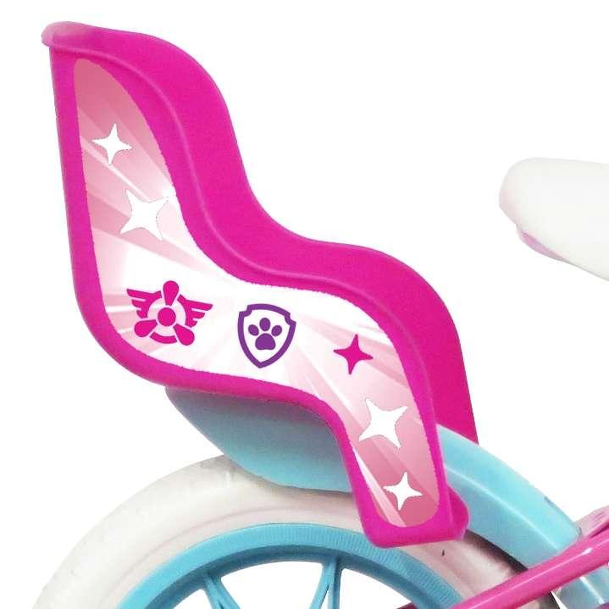 Voir la diapositive 2 : Nickelodeon Vélo enfant (85/100 cm) - Modèle 12'' Pat Patrouille à l'effigie de Stella avec stabilisateurs - Panier avant - Porte poupée - 1 frein et roues bâtons