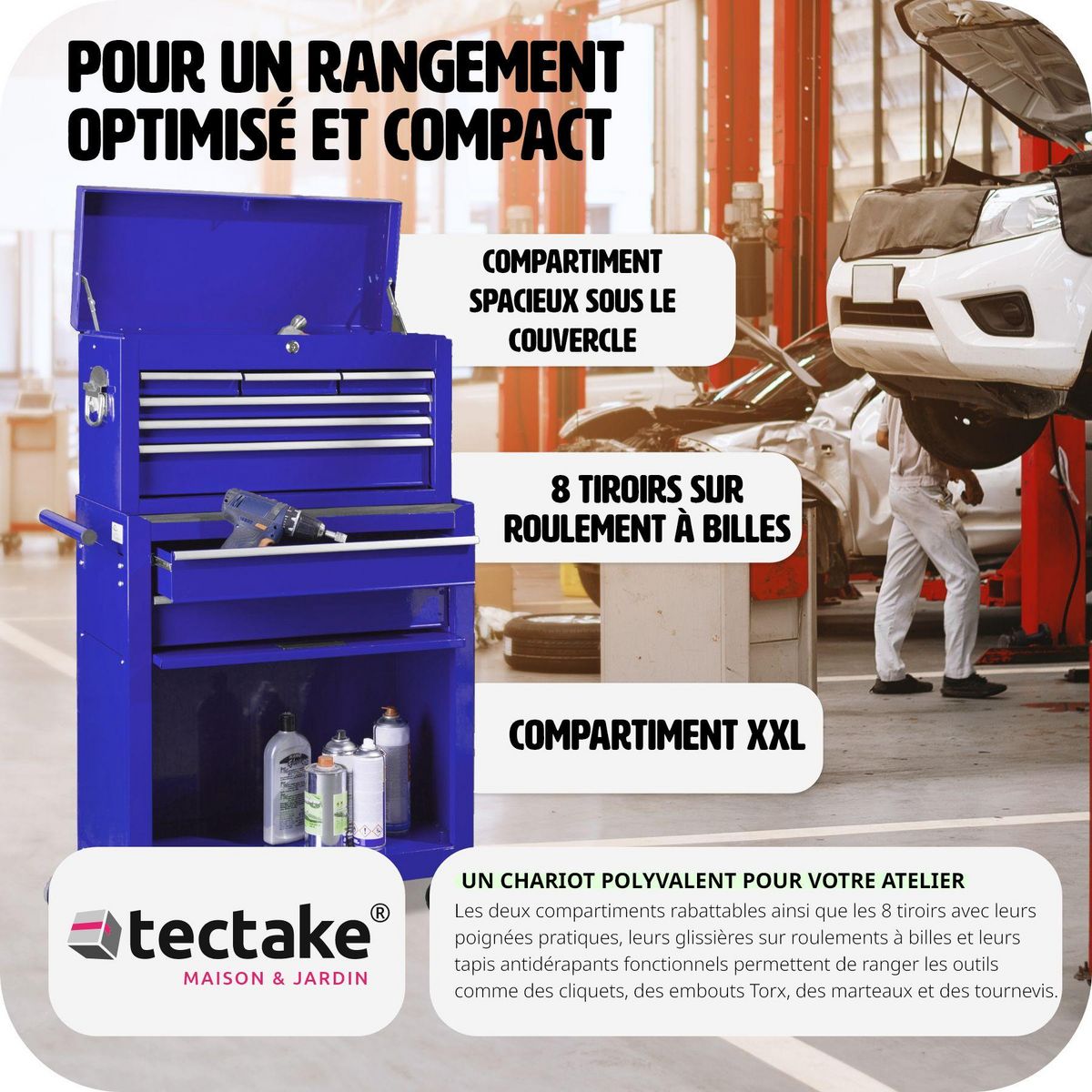 tectake Servante d'atelier 10 compartiments spacieux verrouillables avec tapis antidérapant bleu