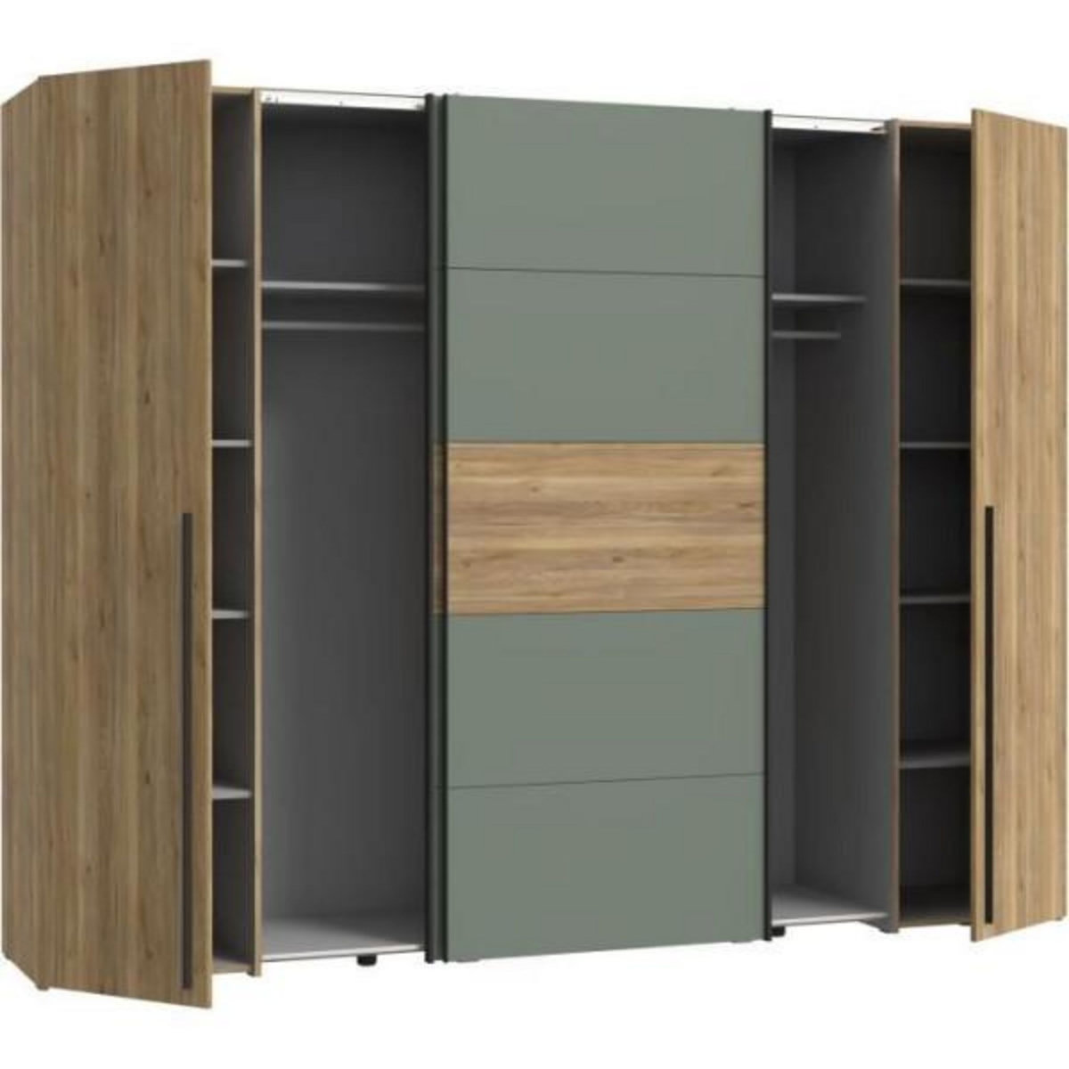 MARKET24 Armoire - Décor Chene et vert Sauge - 2 portes battantes + 2 portes coulissantes - L270 x P61 x H210cm - NARAGO