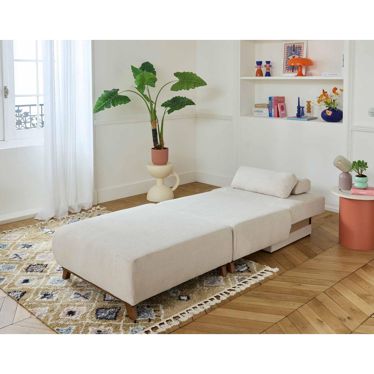 BEST MOBILIER Cristal - fauteuil - convertible avec coffre et grand pouf - en velours texturé