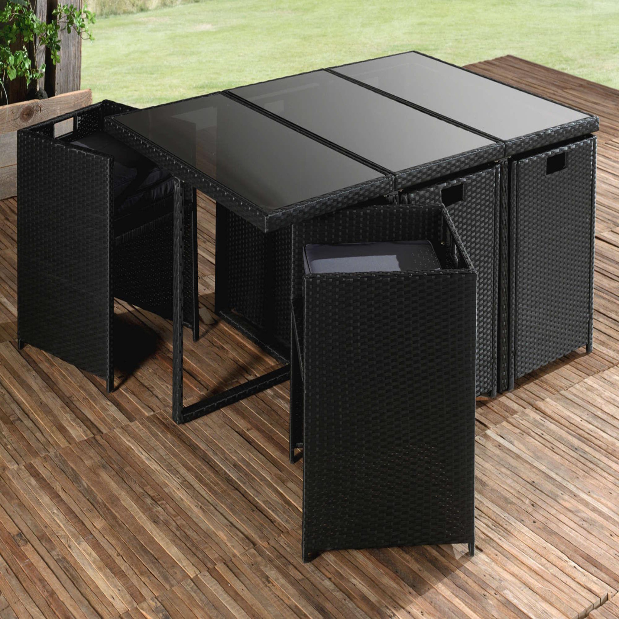 Voir la diapositive 6 : BEST MOBILIER Fira - salon de jardin encastrable 10 places - en résine tressée - noir avec coussins gris + housse de protection
