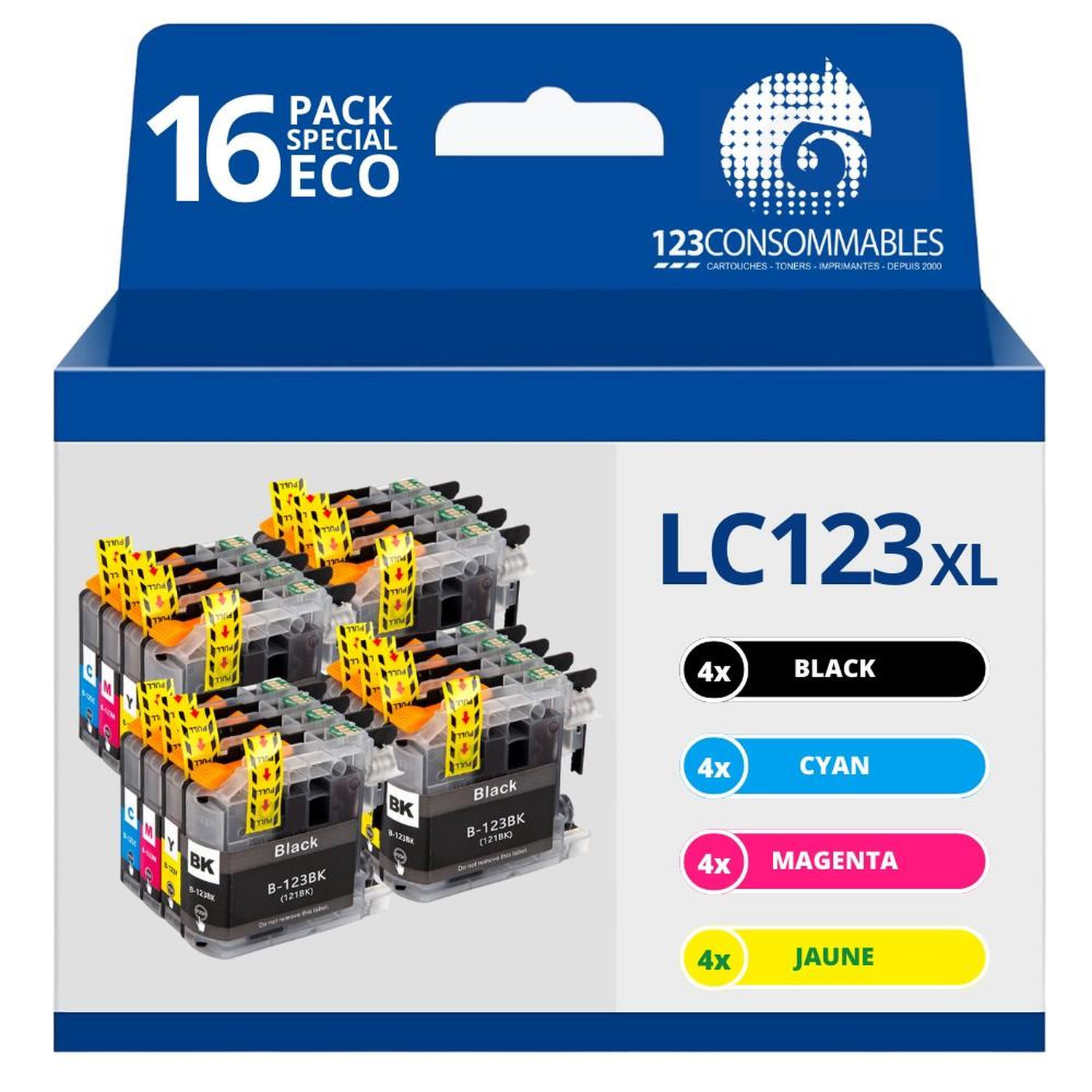 123CONSOMMABLES LC123 Pack 16 Cartouches Compatibles avec Brother LC123XL pour Imprimante DCP J132W J152W J172W J552DW J752DW J4110DW MFC J245 J6520DW J6720DW 4 / 4 Cyan / 4 / 4 Jaune Neuf - vue 4