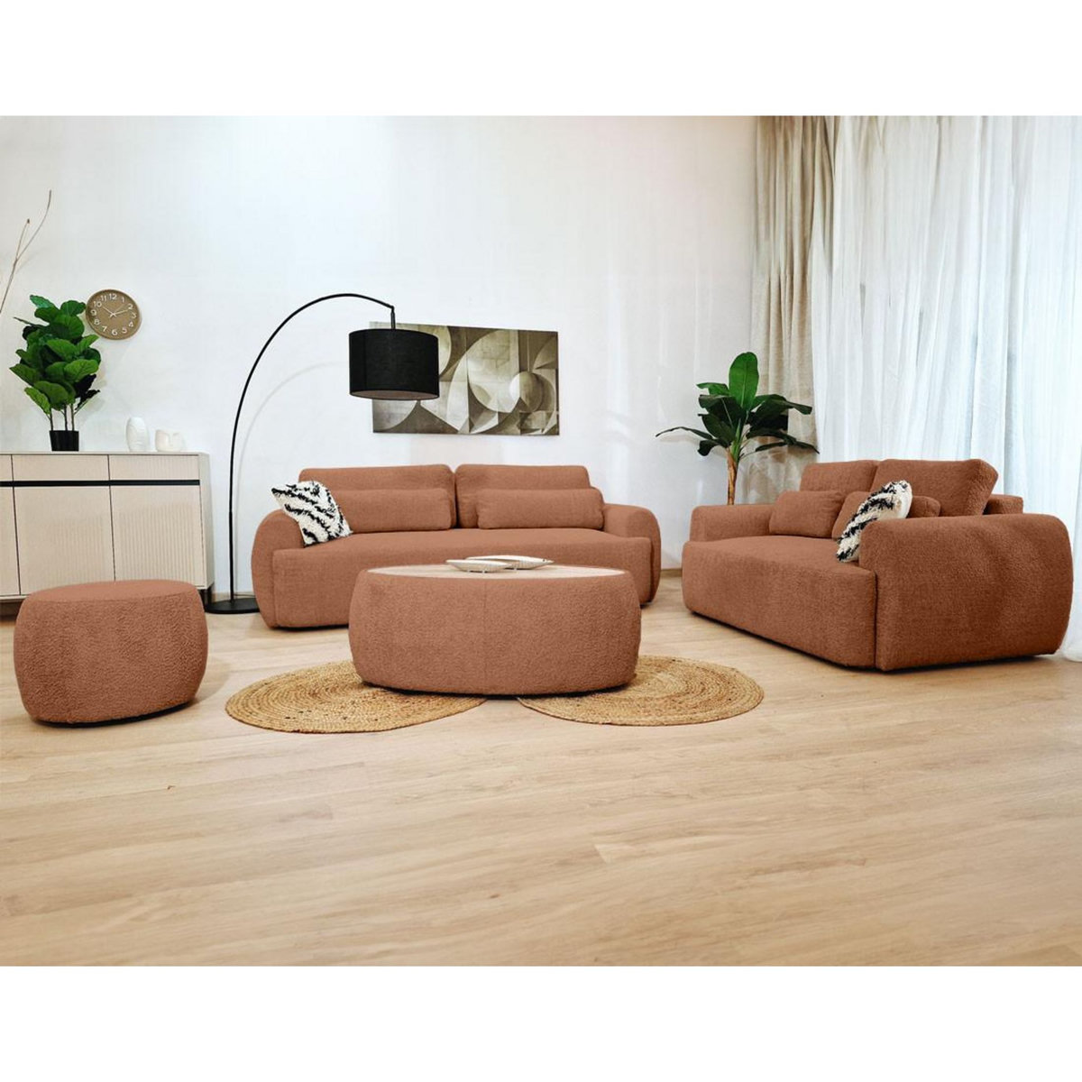 BEST MOBILIER Mahina - table basse ovale - en tissu bouclette et plateau effet bois - 114 cm