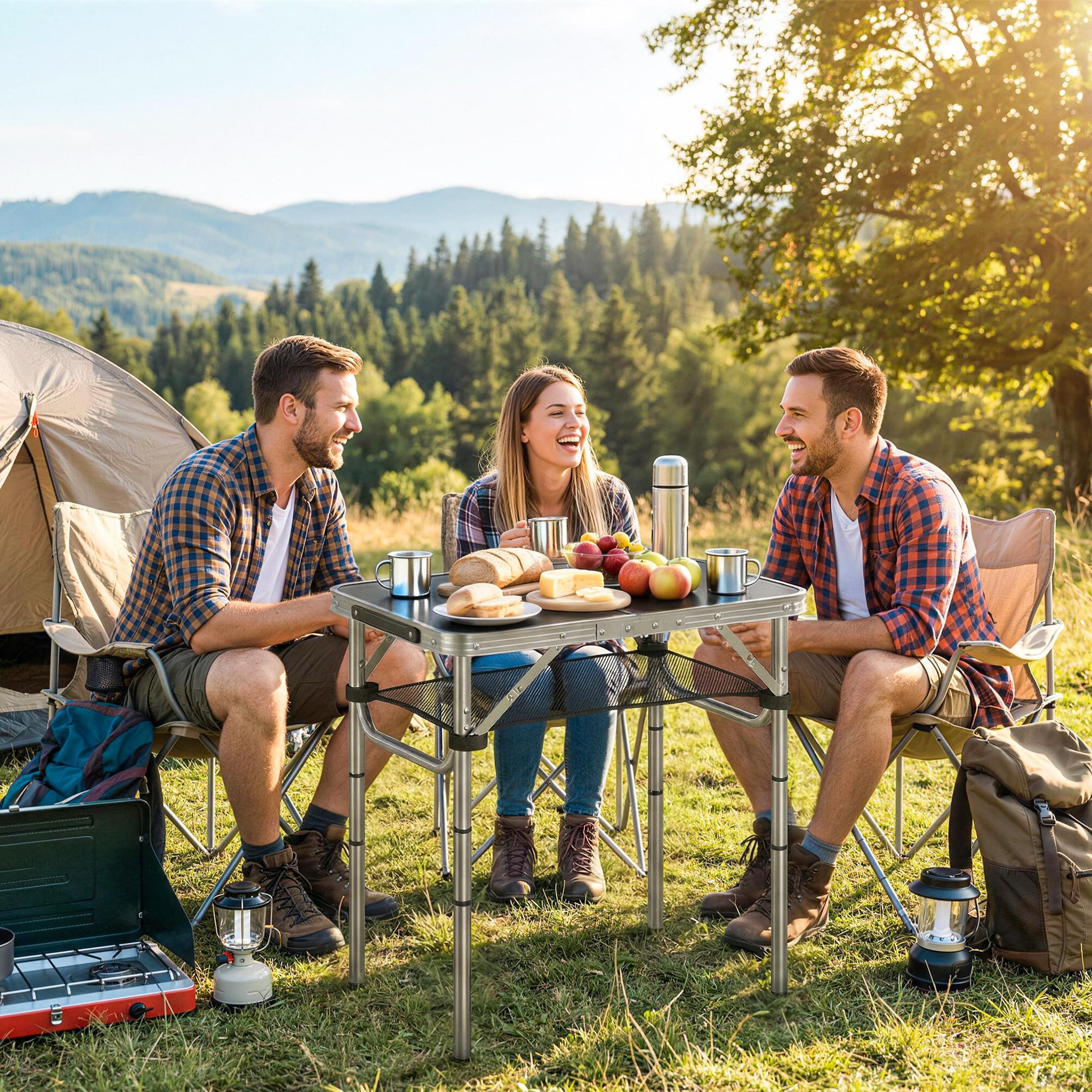 Voir la diapositive 2 : OUTSUNNY Table de camping pliable réglable alu noir avec rangement filet