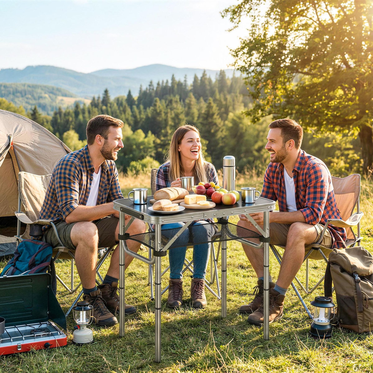 OUTSUNNY Table de camping pliable réglable alu noir avec rangement filet