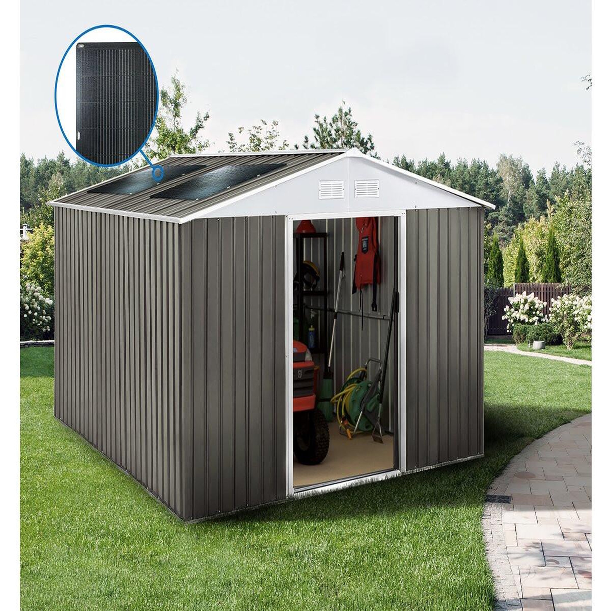 Voir la diapositive 2 : Habitat et Jardin Abri jardin métal  dallas  - 12,99 m² avec panneaux solaires - taupe