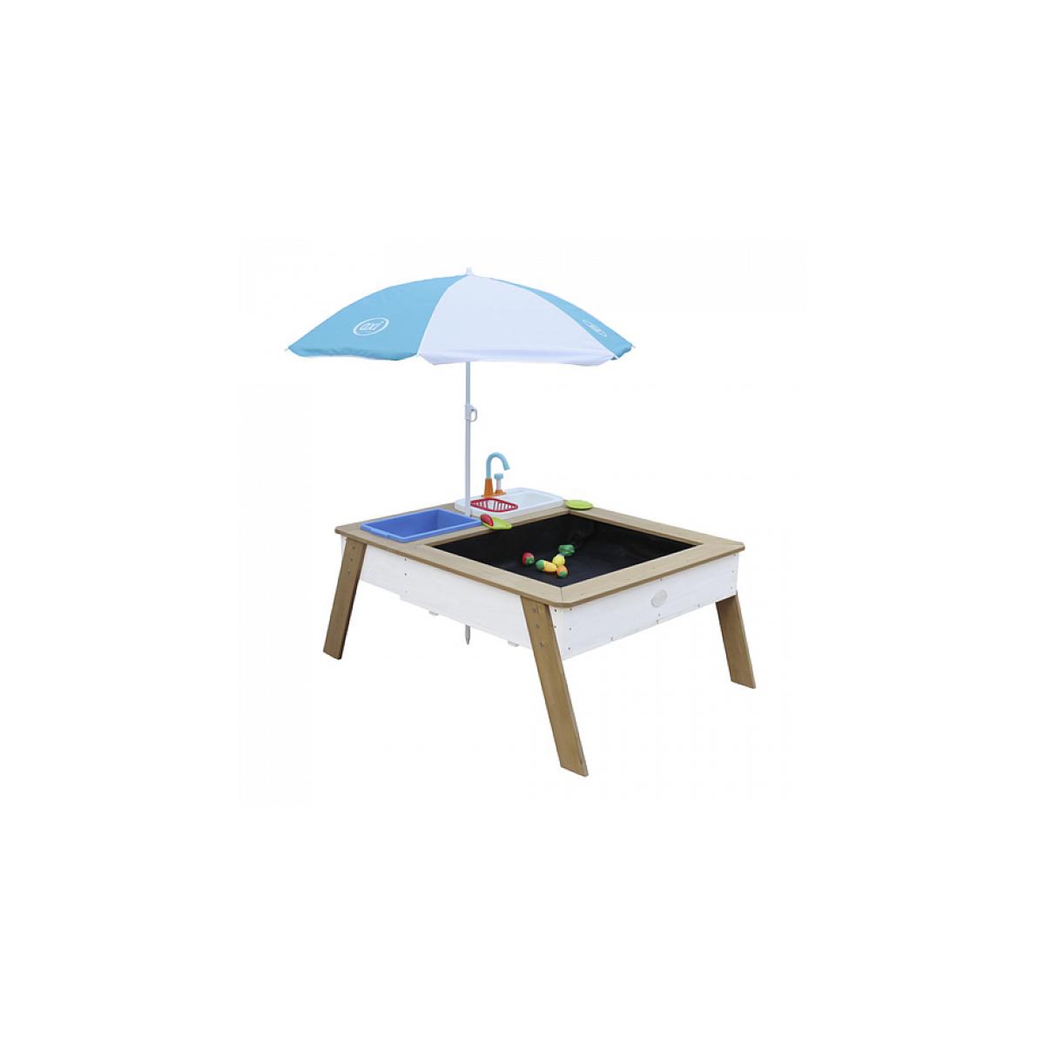 Voir la diapositive 3 : Axi House AXI Linda Table sable et eau avec Cuisine et evier Marron Blanc Parasol Bleu Blanc