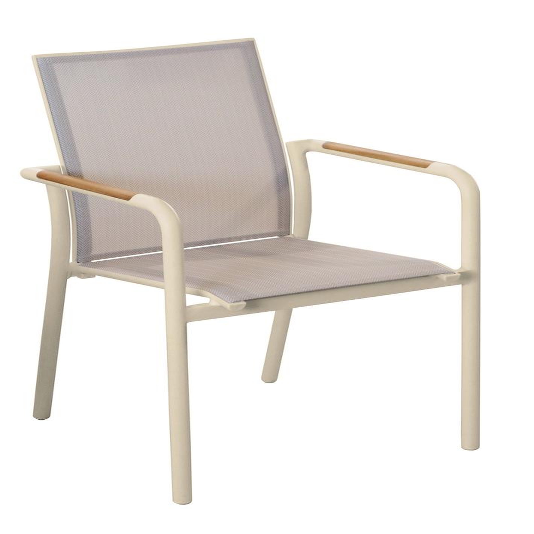 Proloisirs Fauteuil repas empilable - AROHA - Crème chevron - Aluminium époxy - Accoudoirs teck FSC