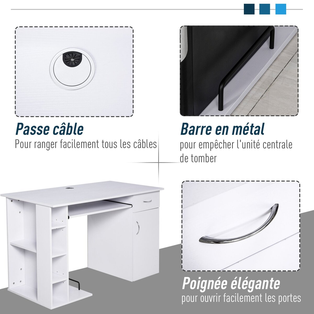 HOMCOM Bureau informatique multimédia multi-rangements avec étagère tiroir tablette clavier MDF 120 x 60 x 74 cm blanc