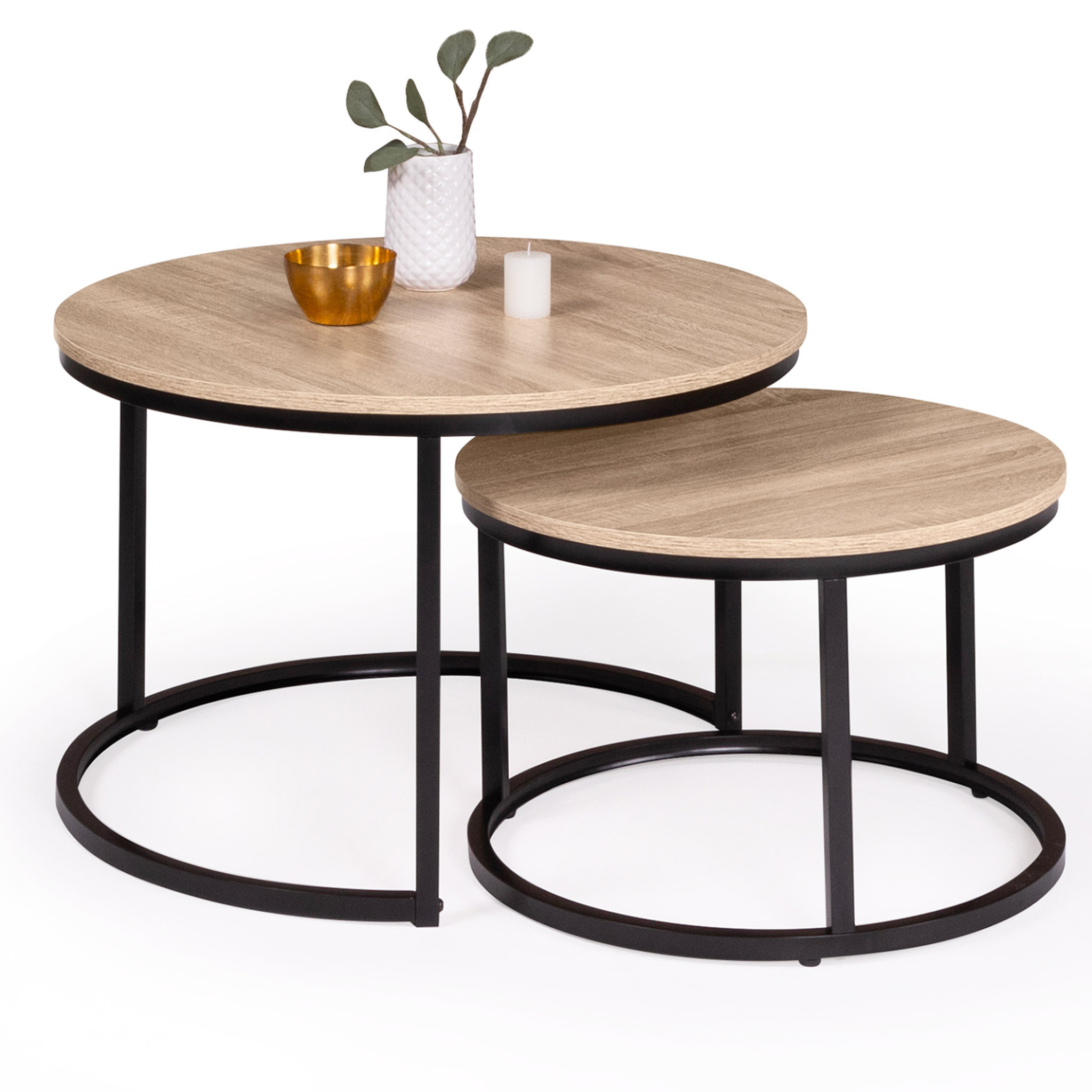 ID MARKET Lot de 2 tables basses gigognes detroit rondes 54/70 design industriel