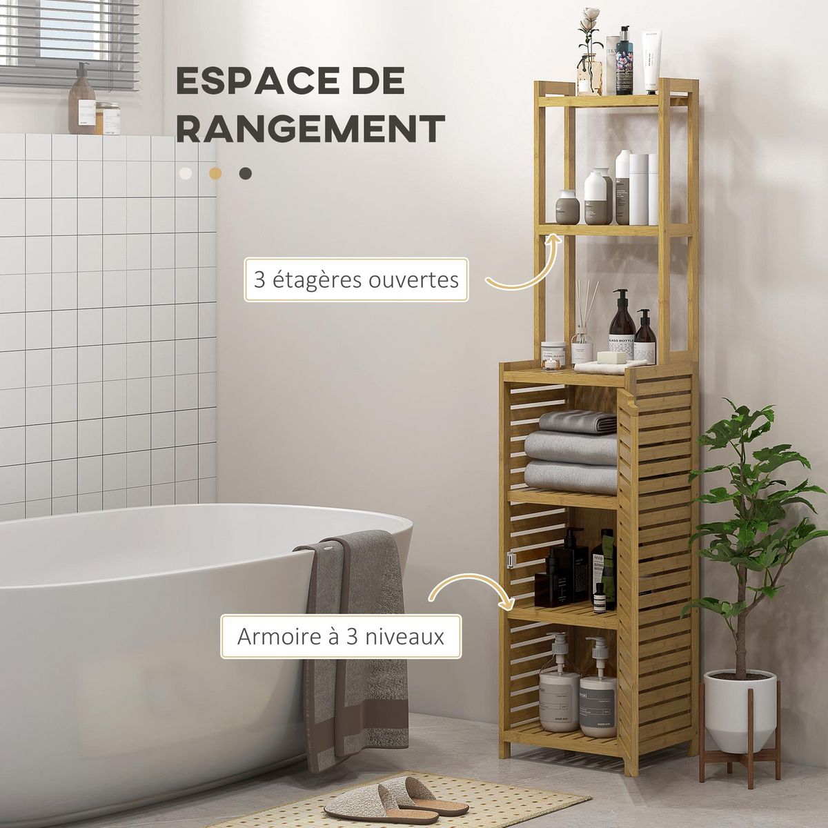 HOMCOM Meuble colonne salle de bain style naturel porte niche 4 étagères bambou