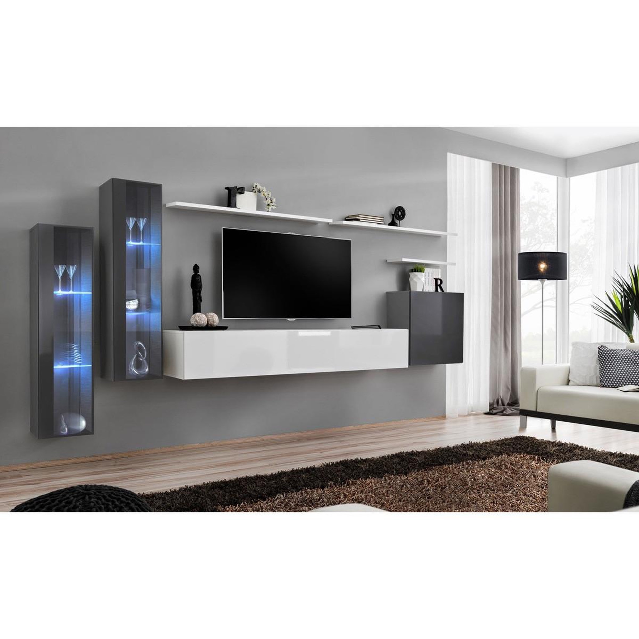 Voir la diapositive 2 : Paris Prix Meuble TV Mural Design  Switch XI  330cm Gris & Blanc