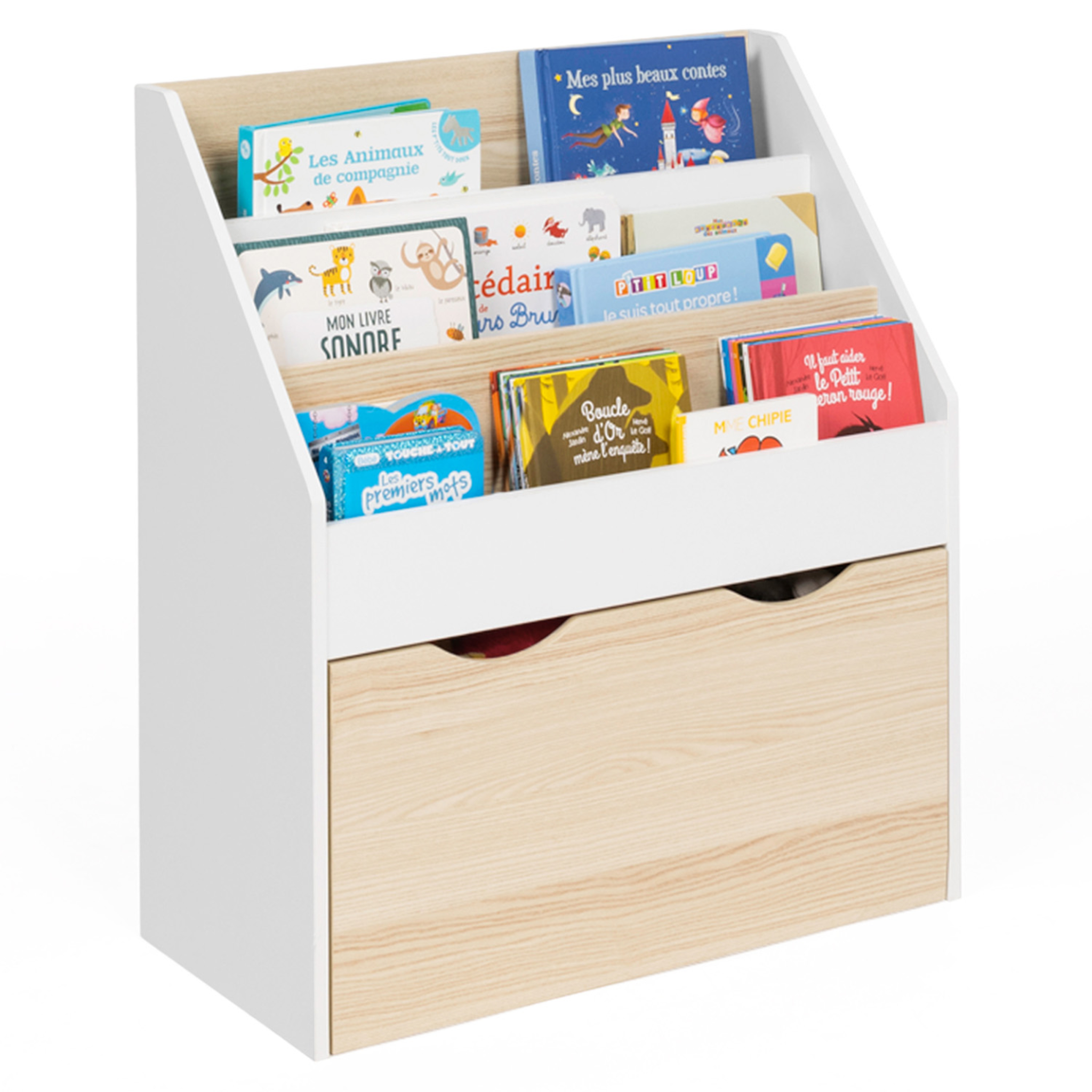 Voir la diapositive 5 : ID MARKET Meuble de rangement bibliothèque enfant mana 3 étagères et 1 bac sur roulettes blanc et hêtre