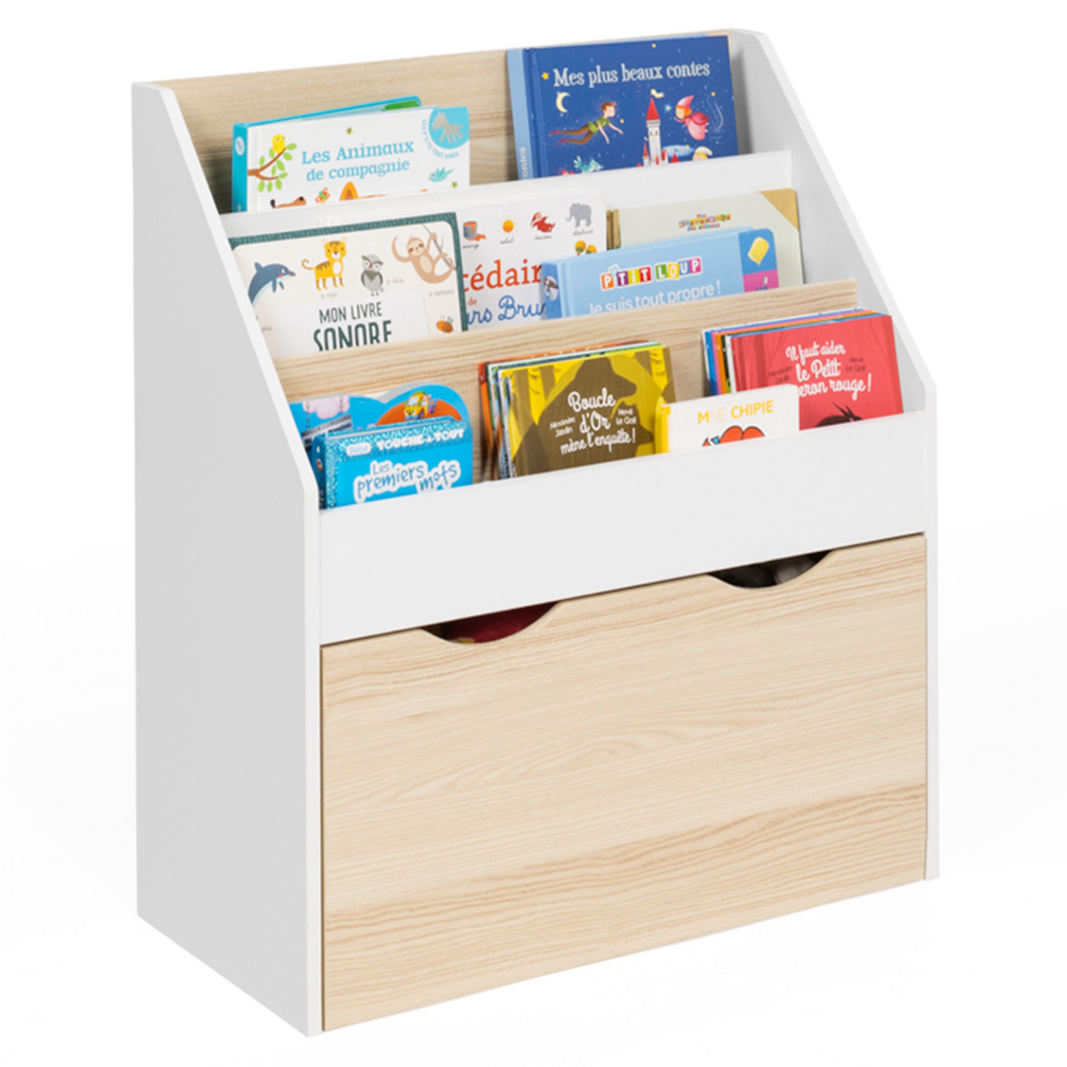ID MARKET Meuble de rangement bibliothèque enfant MANA 3 étagères et 1 bac sur roulettes blanc et hêtre