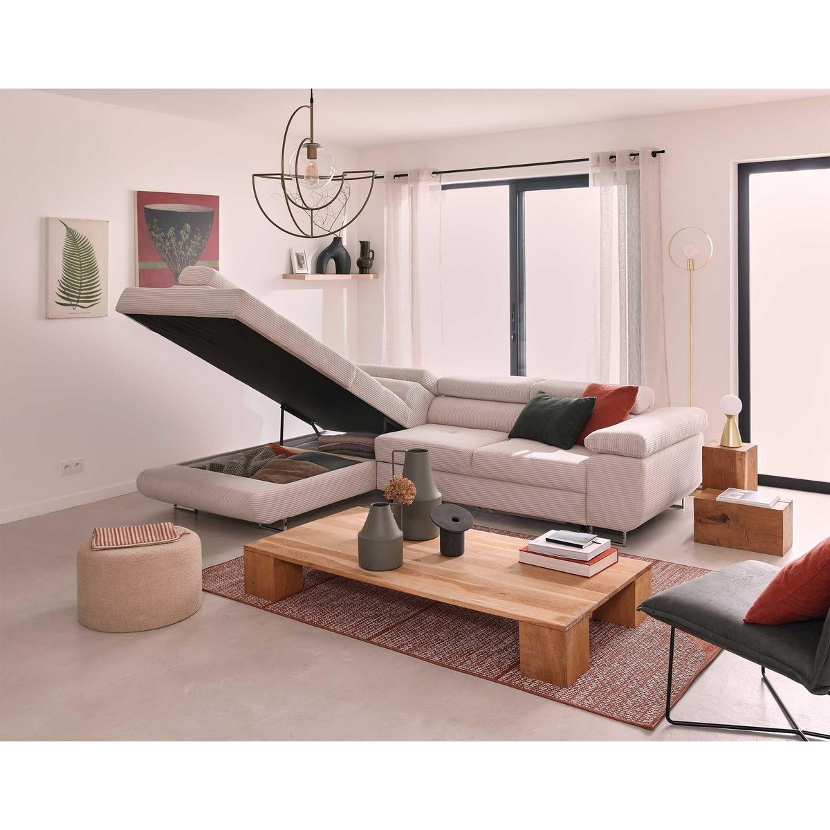 BEST MOBILIER Zaria - canapé d'angle gauche - convertible avec coffre et têtières réglables - 5 places - en velours côtelé