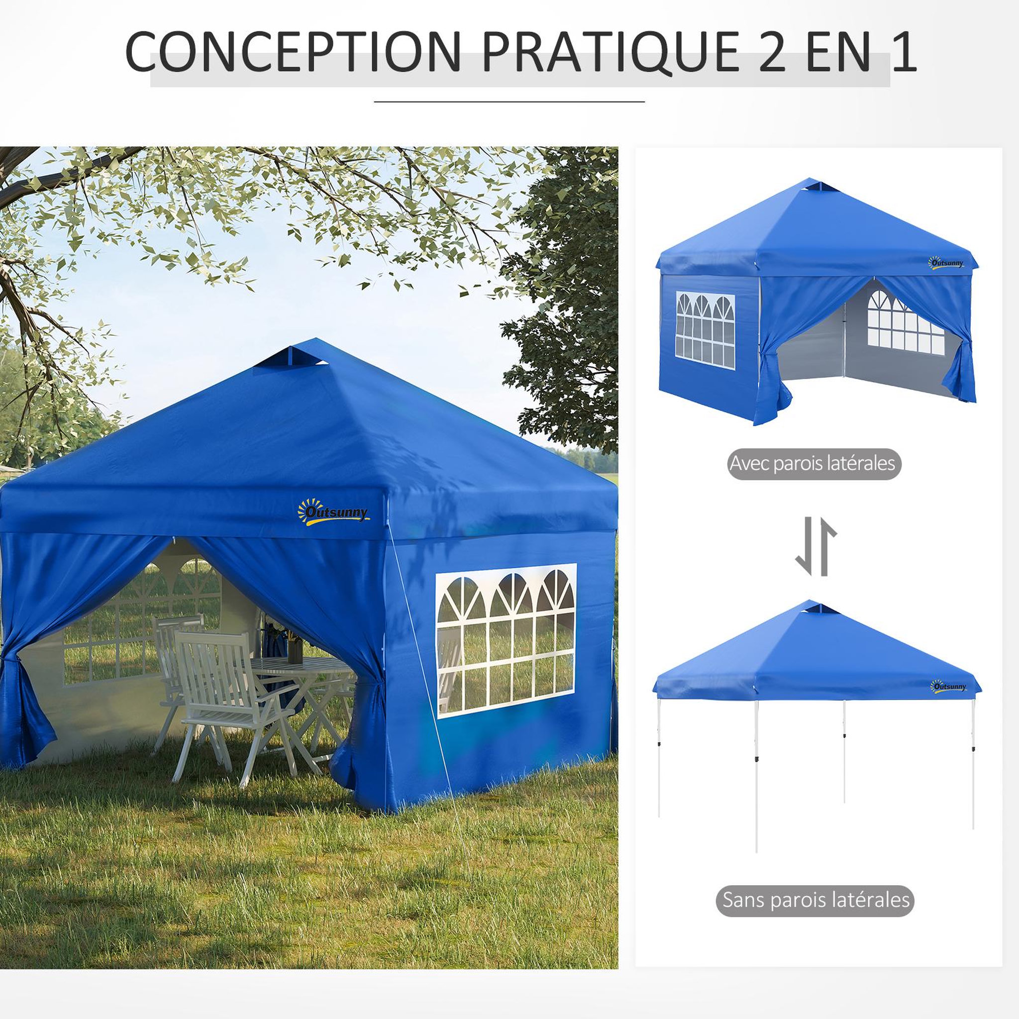 Voir la diapositive 4 : OUTSUNNY Tonnelle barnum pliant pop-up 3L x 3l x 2,84H m 4 parois latérales amovibles 2 fenêtres + sac de transport métal Oxford bleu