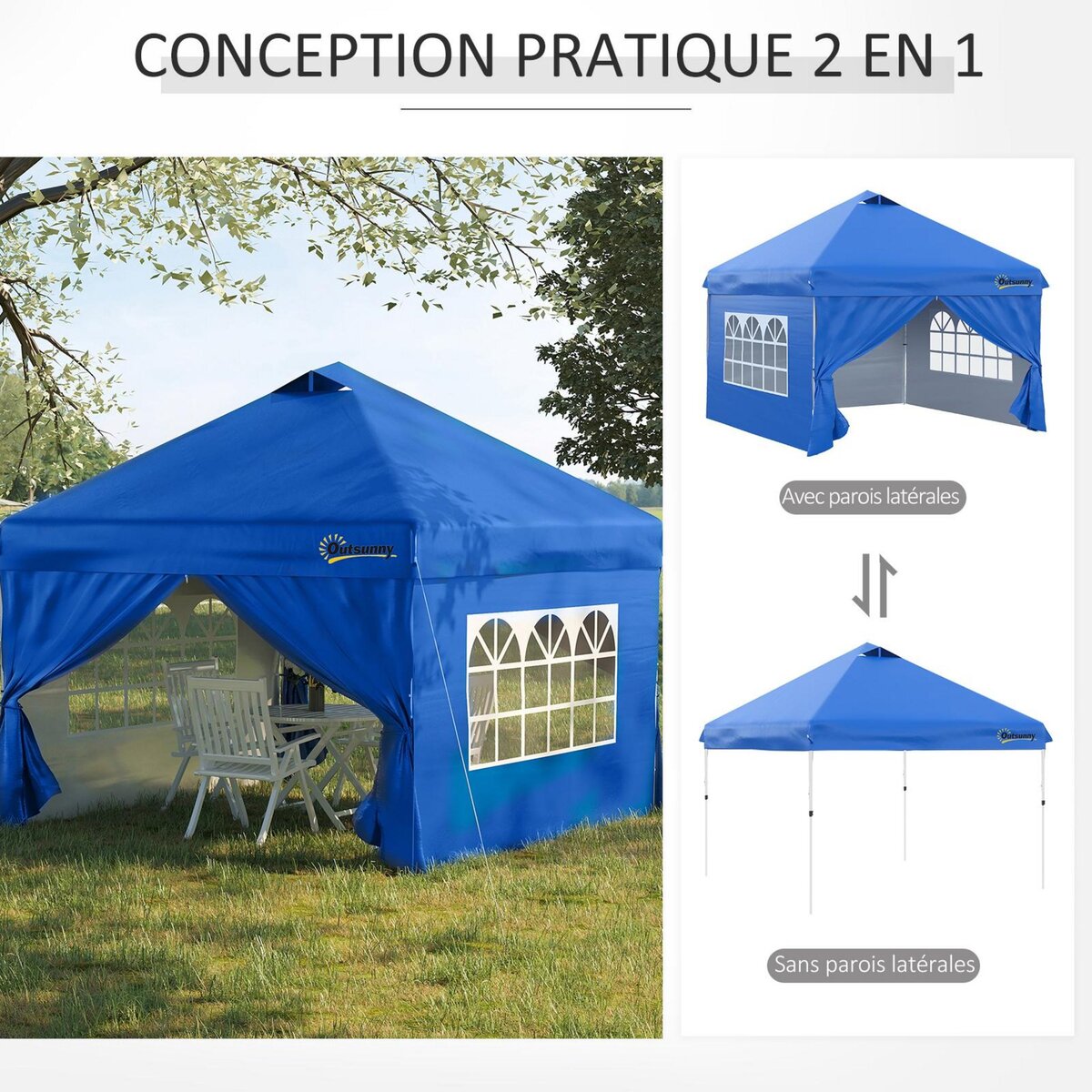 OUTSUNNY Tonnelle barnum pliant pop-up 3L x 3l x 2,84H m 4 parois latérales amovibles 2 fenêtres + sac de transport métal Oxford bleu
