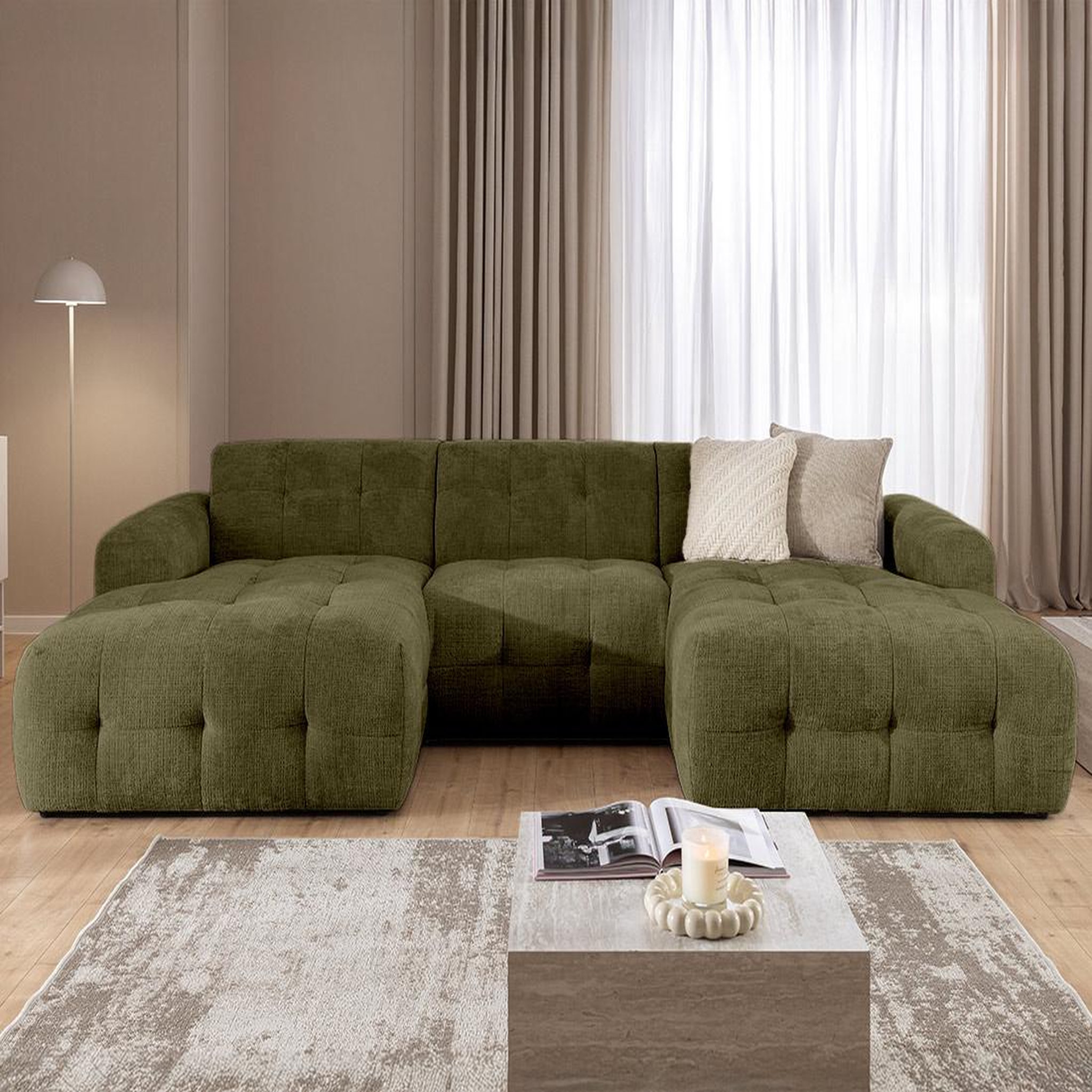 Voir la diapositive 4 : BEST MOBILIER Diane - canapé panoramique en u 6 places en velours texturé