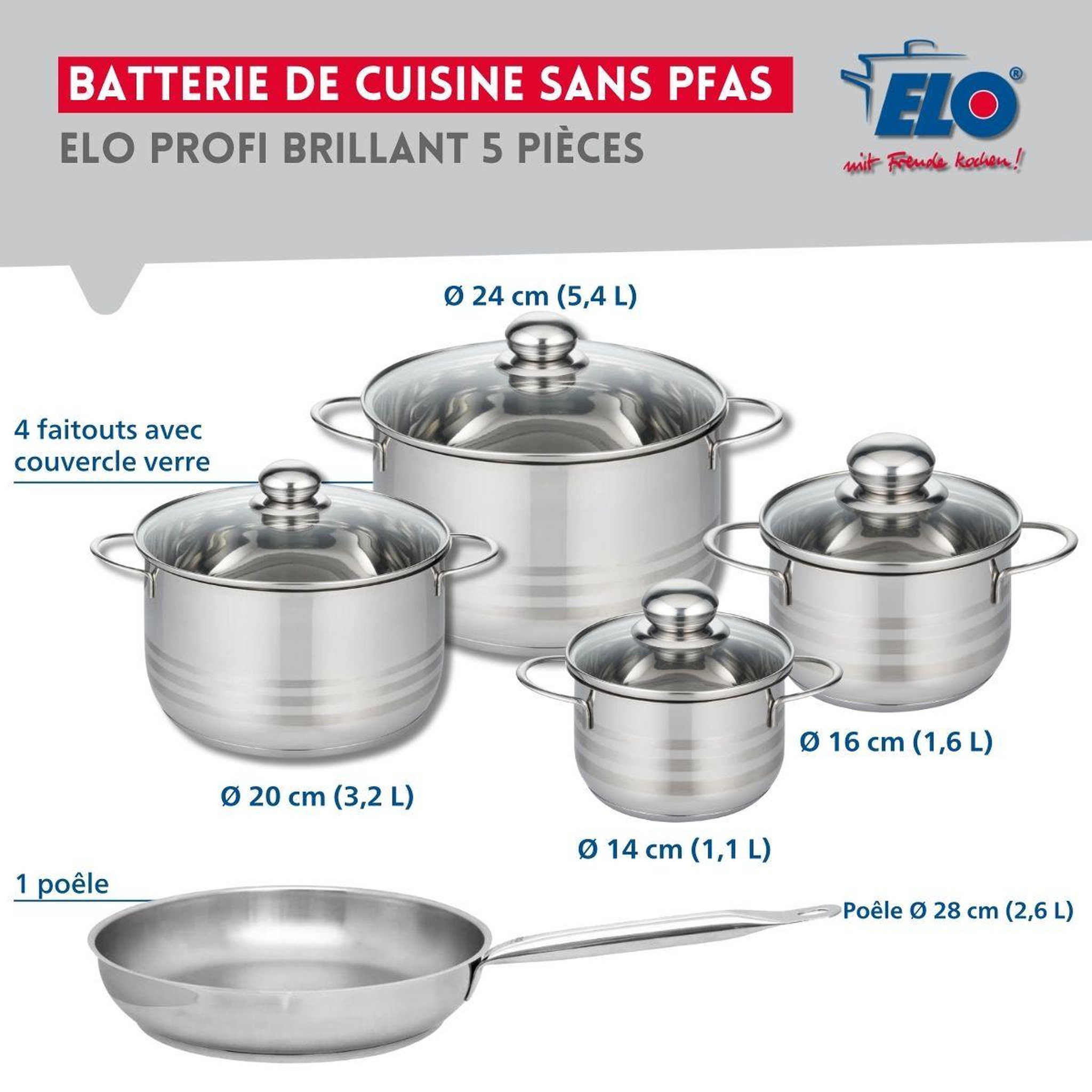 Voir la diapositive 2 : ELO Ensemble de 1 poêle de cuisson 28 cm et 4 faitouts 14, 16, 20 et 24 cm elo profi brillant