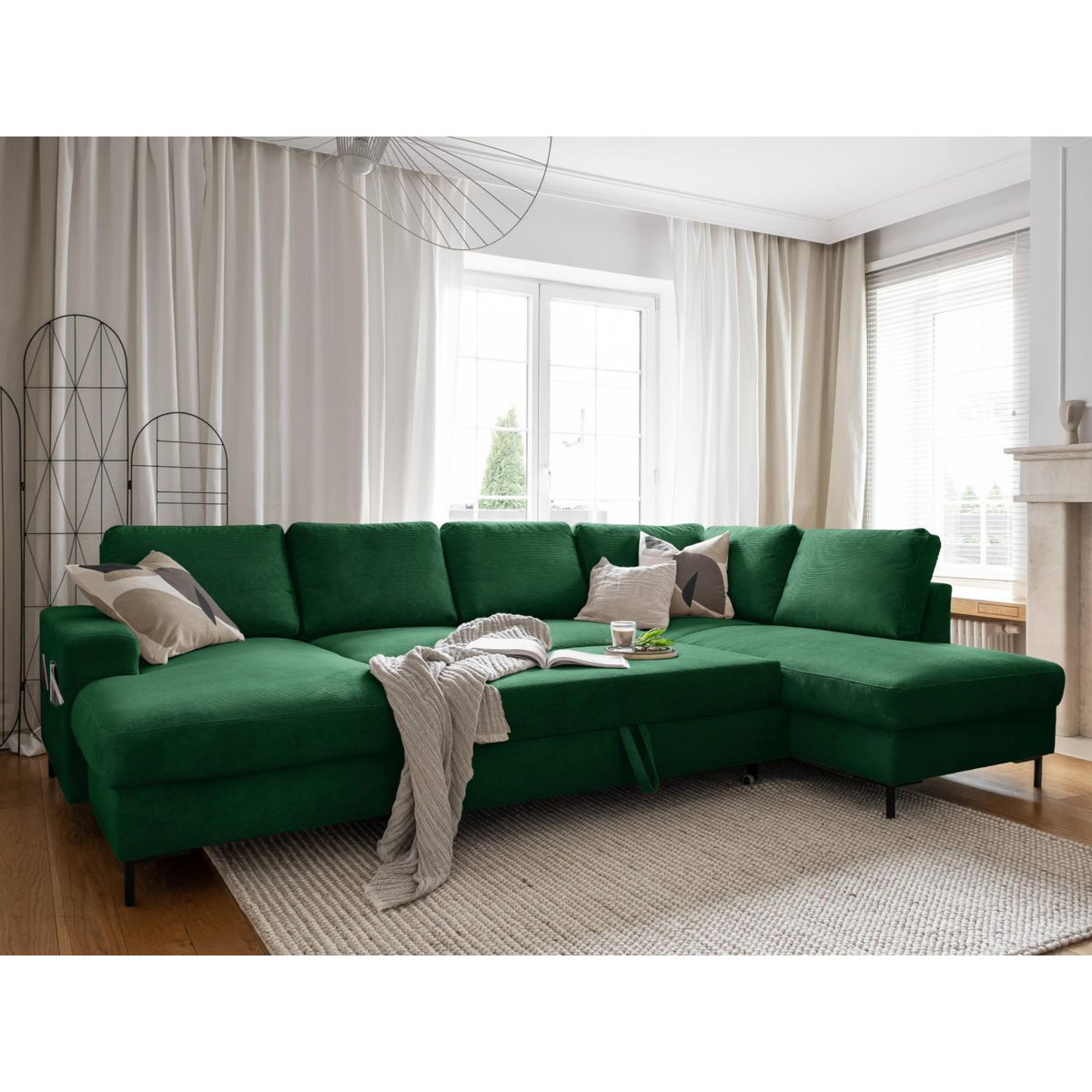 BEST MOBILIER Lilly - canapé panoramique d'angle droit - 7 places - convertible avec coffre - en velours côtelé