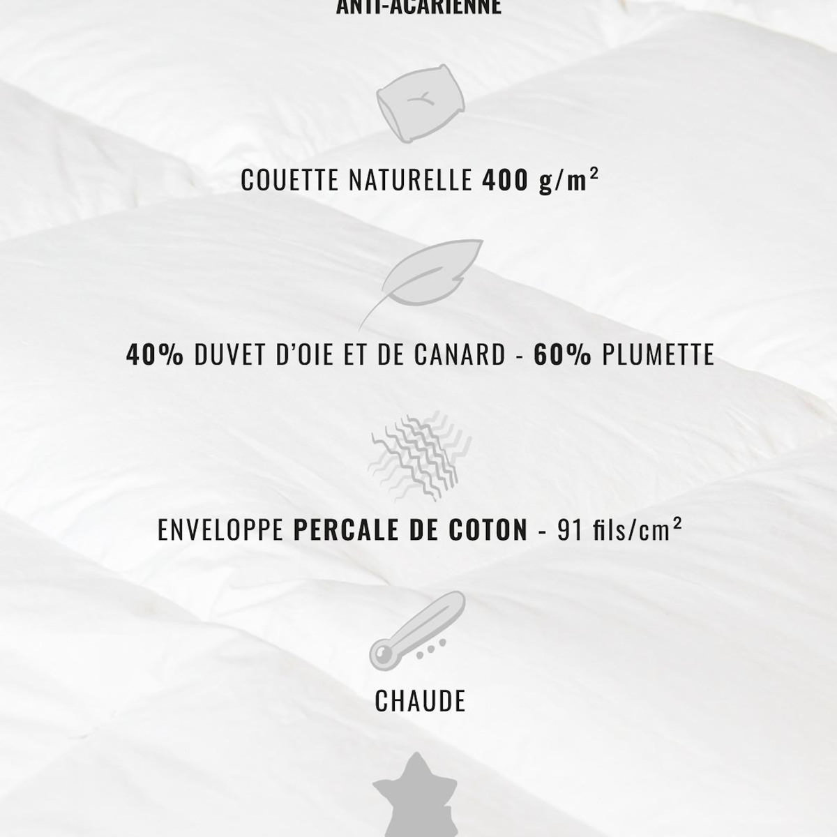 Sensei Maison Couette naturelle - Chaude - 40% duvet anti-acarienne PLEIN CIEL
