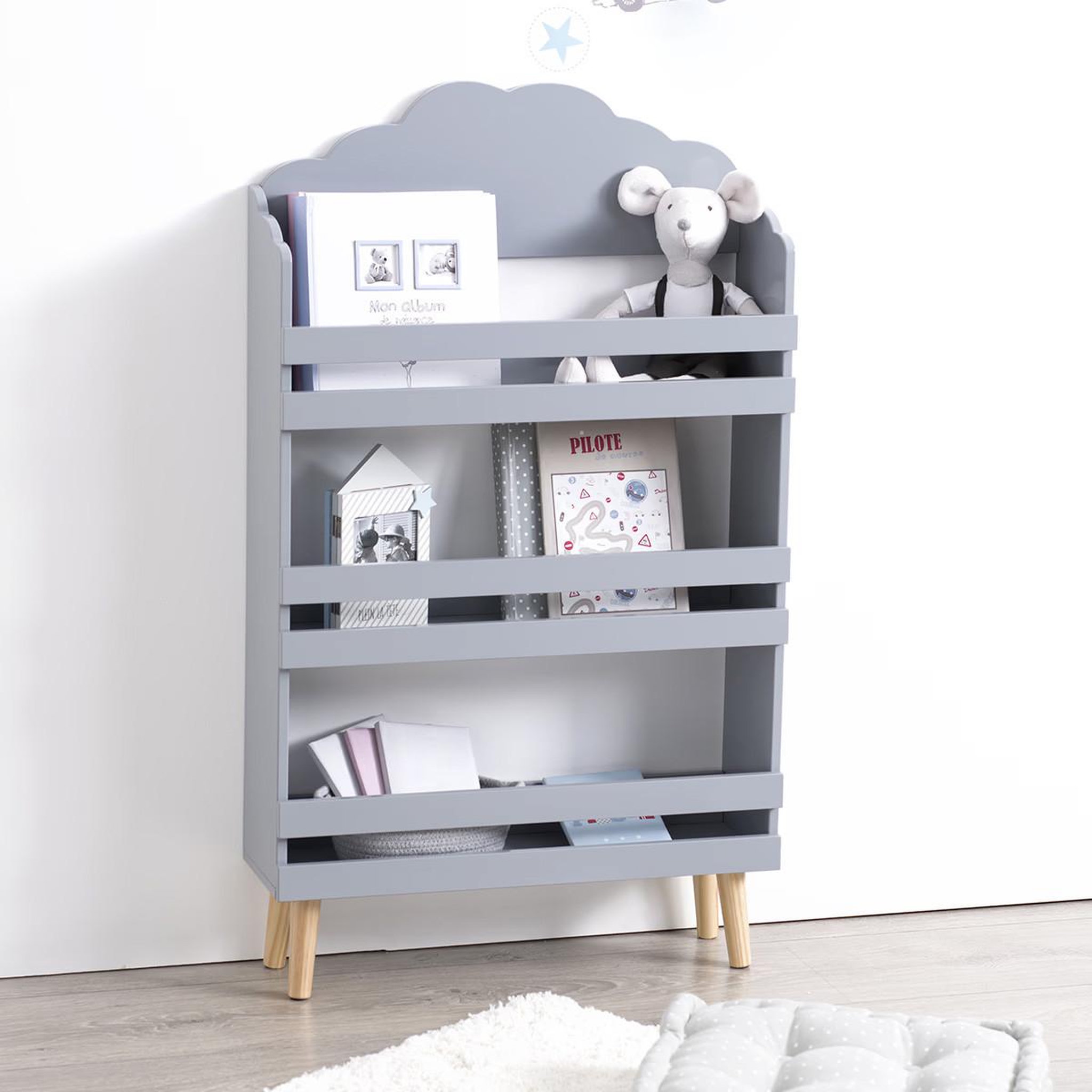 Voir la diapositive 2 : Atmosphera Kids Bibliothèque 3 niveaux  nuage  100cm gris