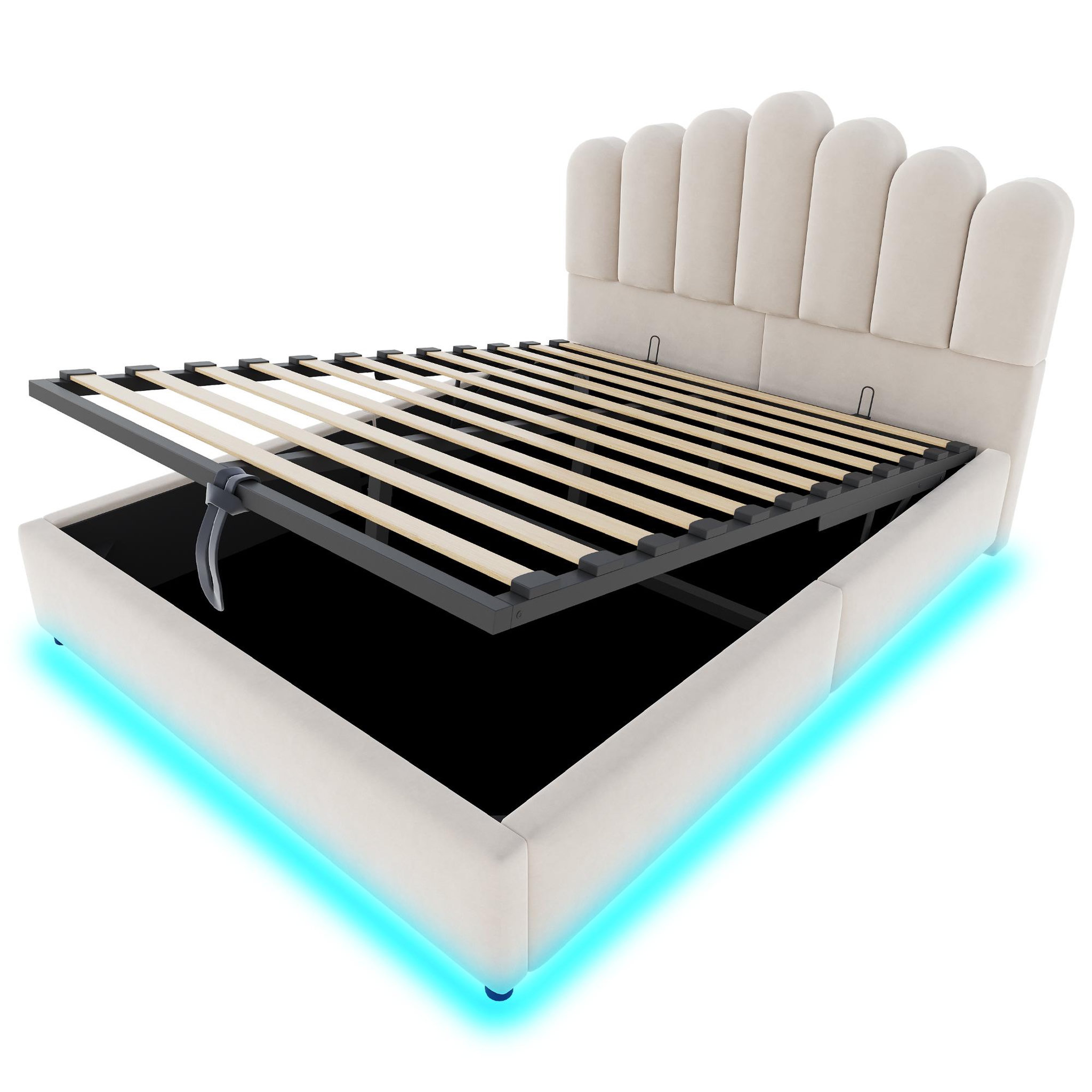 Voir la diapositive 5 : MERAX Lit coffre velours avec led, tête de lit capitonnée et sommier à lattes