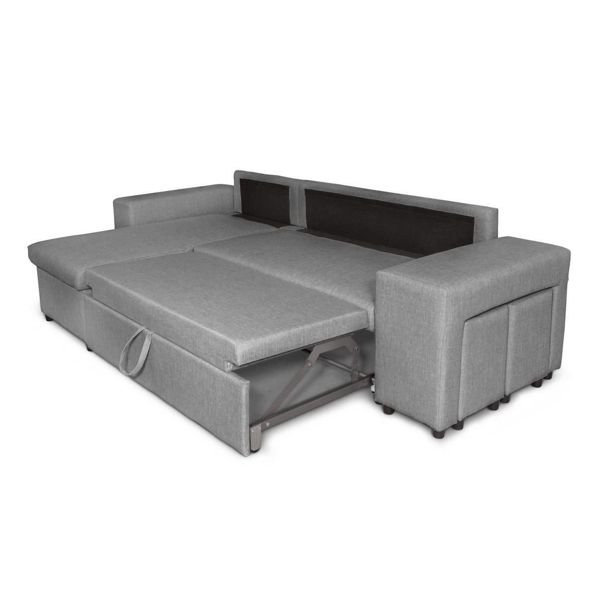 Canapé d'angle convertible avec coffre 3 places + 2 poufs à droite et étagère à gauche MACHA