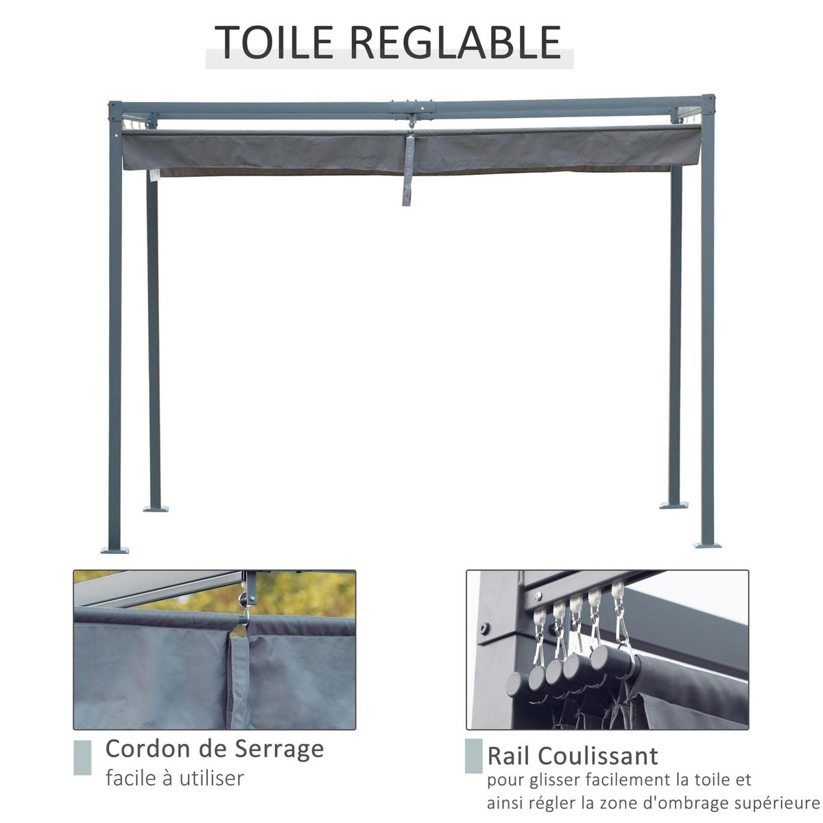 OUTSUNNY Pergola rétractable 4 x 3 x 2,22 m structure métal époxy toile polyester haute densité incluse gris foncé