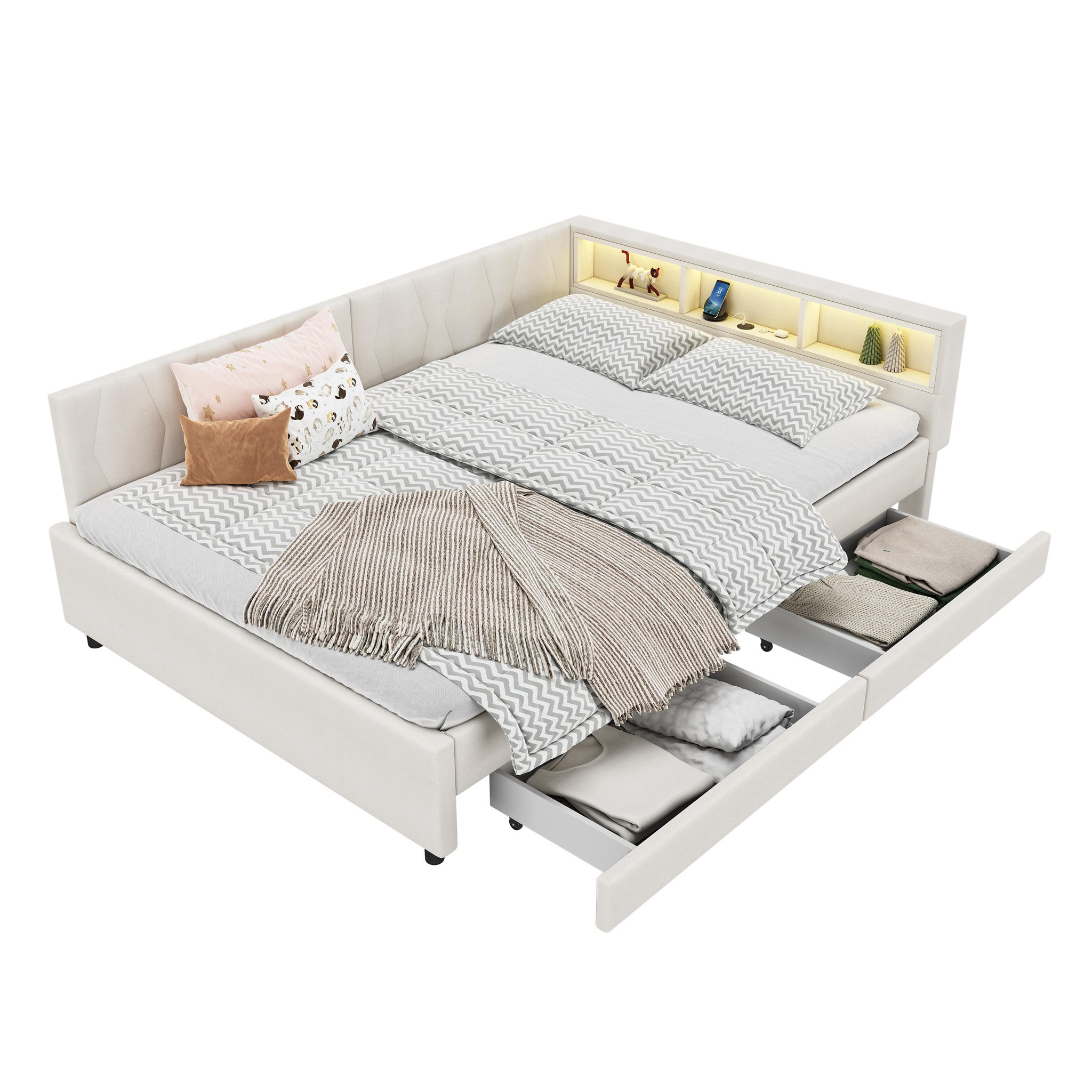 MERAX Lit avec rangement rembourré 140x200cm. Coloris disponibles : Beige, Gris