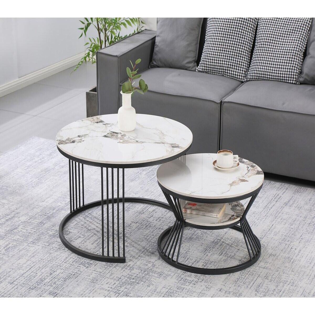 Habitat et Jardin Lot de 2 tables basses gigognes en céramique  Ombre  - 70 x 70 x 45 cm - Blanc