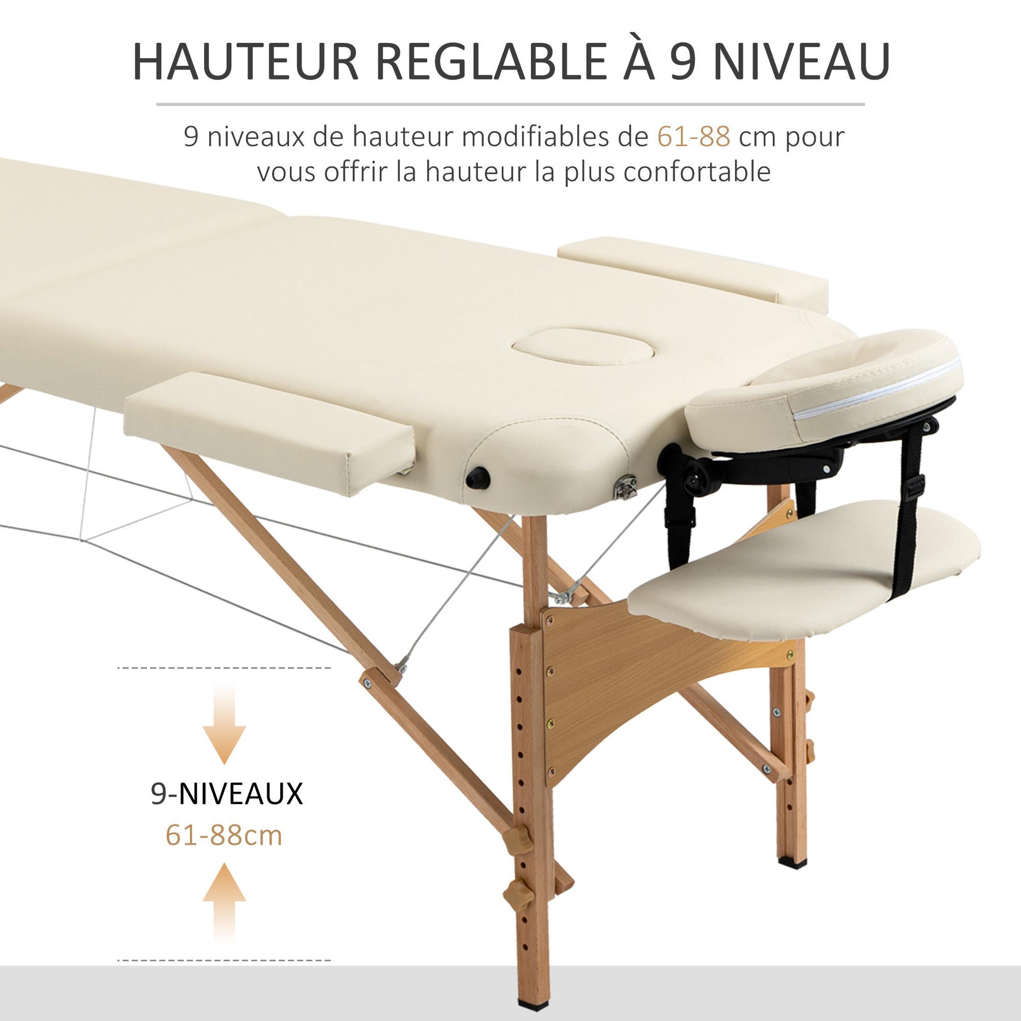 Voir la diapositive 3 : HOMCOM Table de massage pliante lit table de beauté 2 zones portable sac de tranport inclus hauteur réglable dim. 182L x 60l x 61-87H cm bois massif revêtement synthétique crème