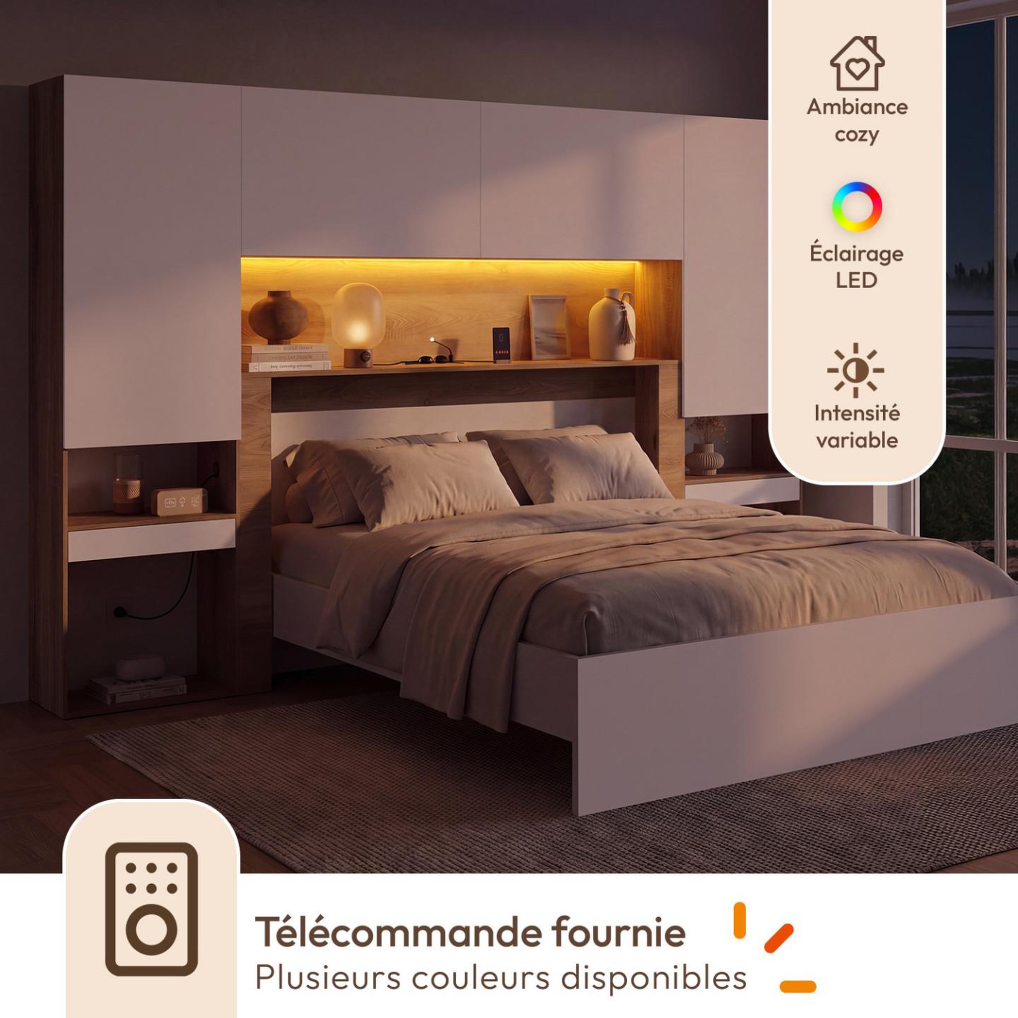 Voir la diapositive 4 : ID MARKET Pont de lit BRIDGET XXL 265 cm avec rangements, penderie, multiprises et LED bois et blanc