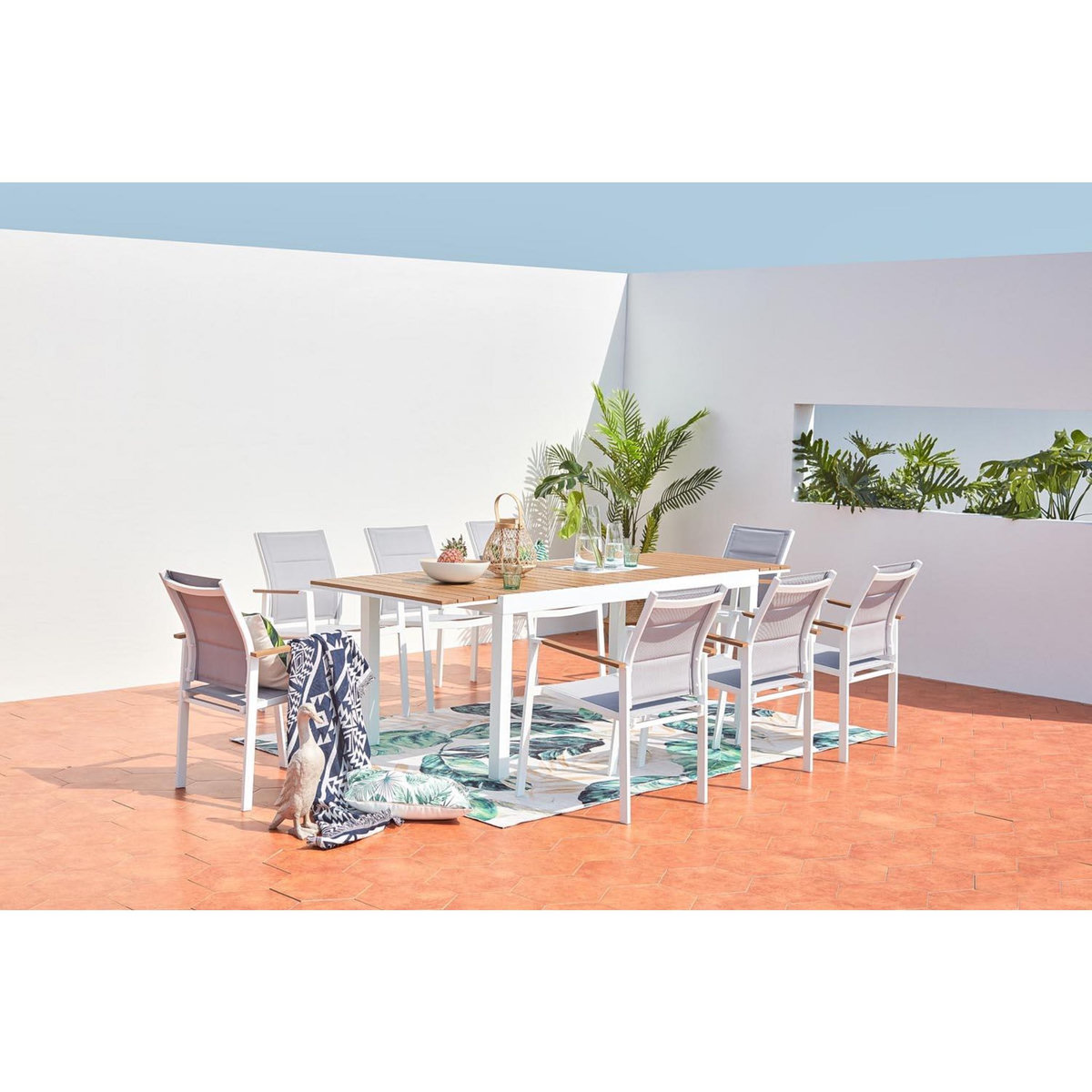 CONCEPT USINE Salon de jardin 8 places aluminium blanc et bois TIJUANA