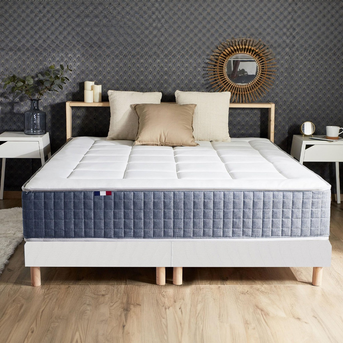 IDLITERIE Ensemble matelas ressort 7 zones KING STYLE, mémoire de forme, sommier, couette, oreillers