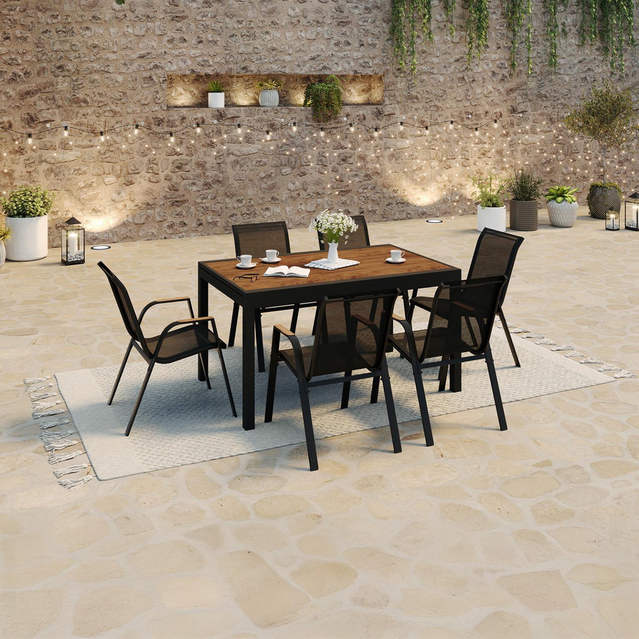 Voir la diapositive 4 : ID MARKET Salon de jardin noumea table extensible 135/270 cm plateau verre trempé effet bois et 12 chaises empilables noir et bois