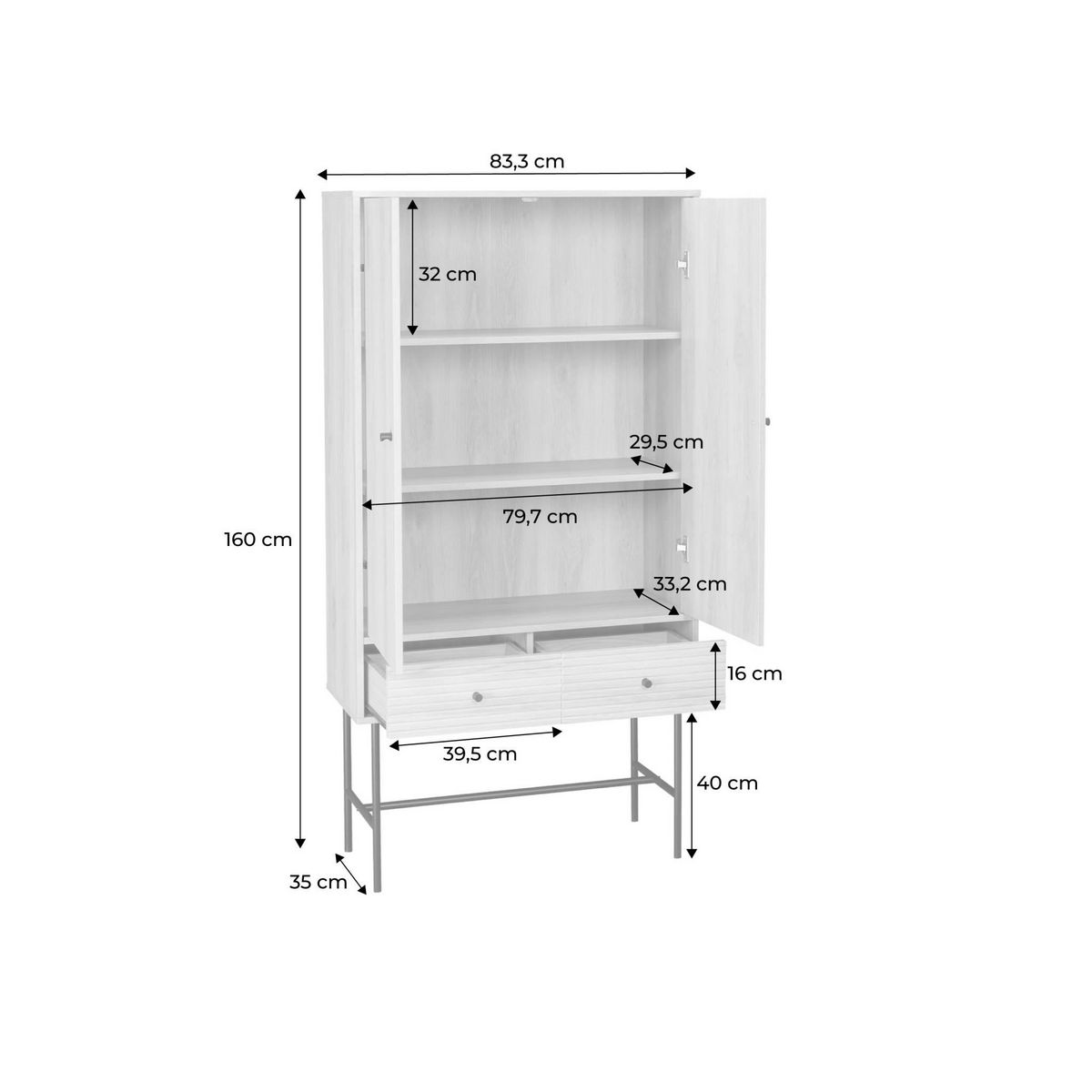 SWEEEK Armoire dressing effet bois rainuré 2 portes. 2 tiroirs. 3 étagères. buffet haut. vaisselier